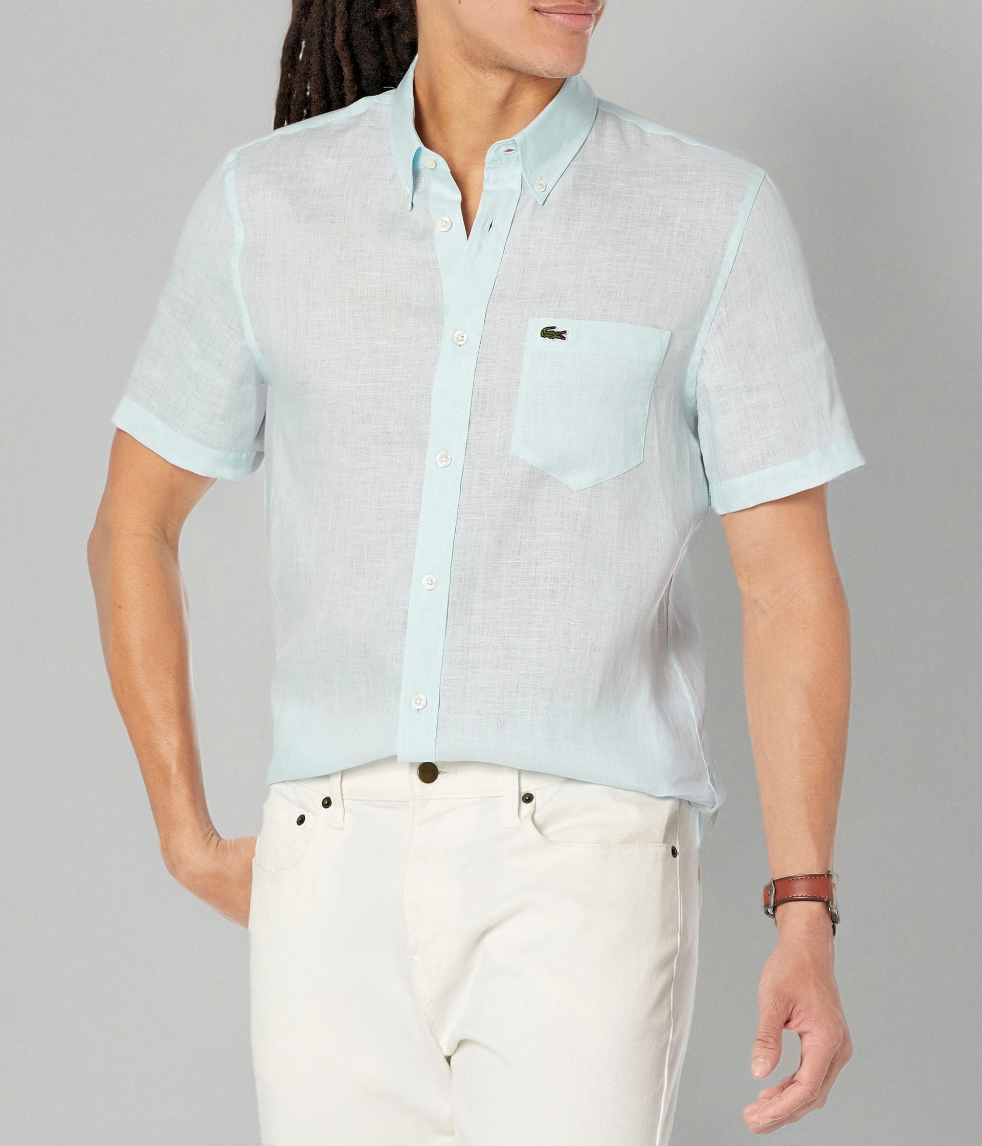 Lacoste Men's Short Sleeve Linen Button Down Shirt - Classic Regular Fit with Front Pocket | Casual Summer Wear, Office & Outdoor Activities