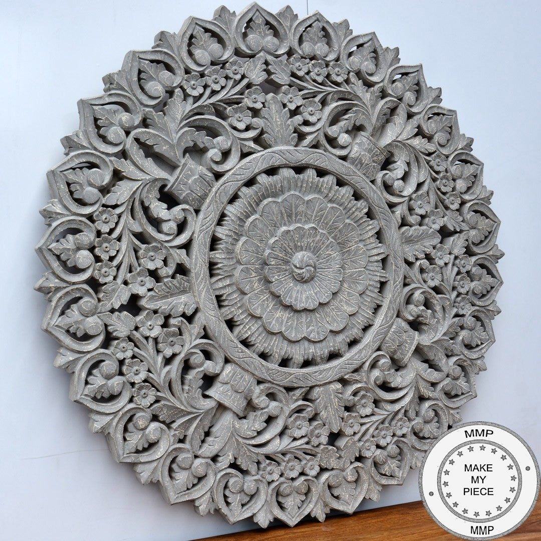 Hand Carved Indian Wooden Round Wall Decor Panel - Traditional Grey Wood Art for Home & Office Decoration | Perfect for Living Room, Bedroom, and Meditation Spaces