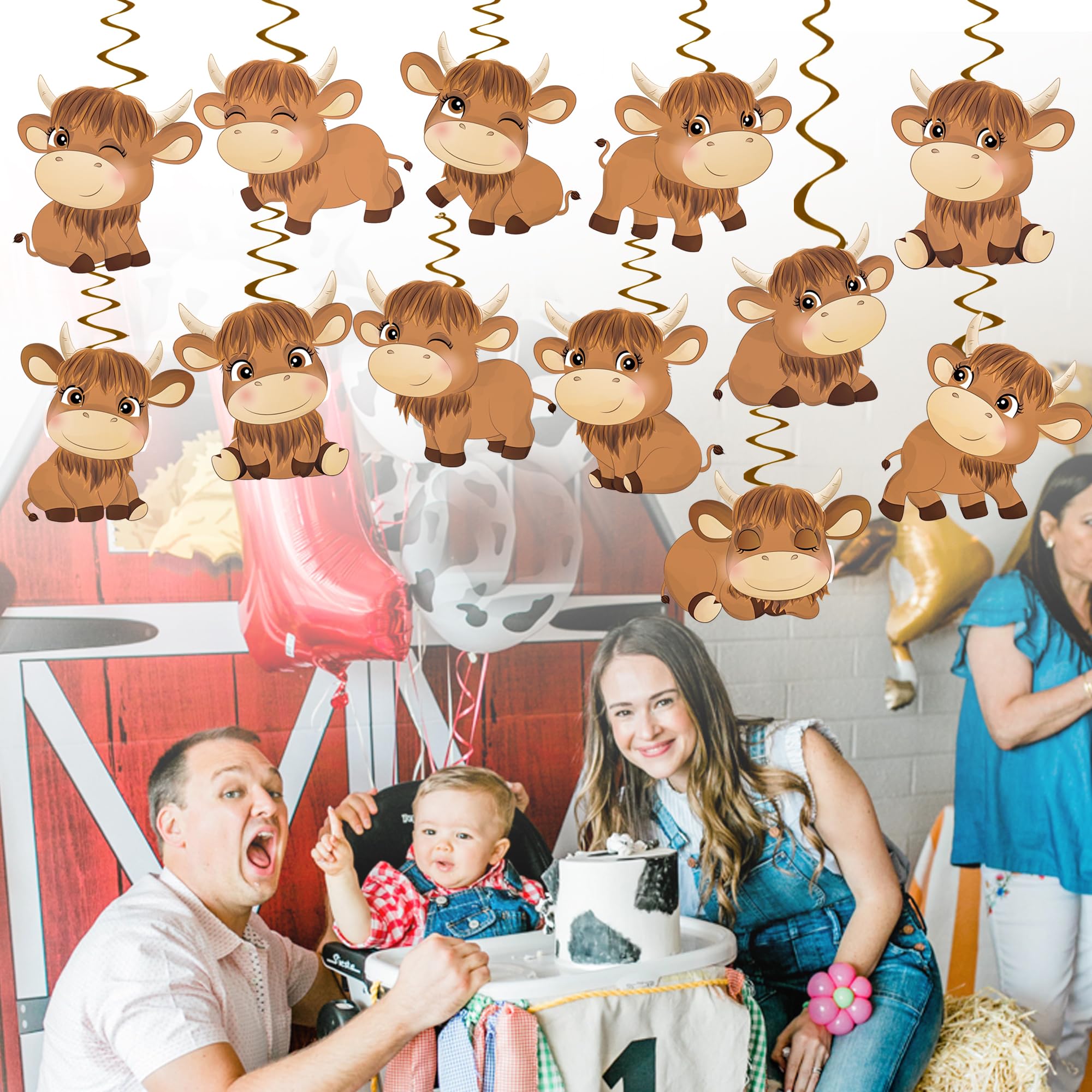 15pcs Highland Cow Hanging Swirl Decorations - Brown Cow Print Party Supplies for Western Theme Birthday, Baby Shower & Kids Events | Perfect for Farm Animal, Rustic & Country Style Celebrations