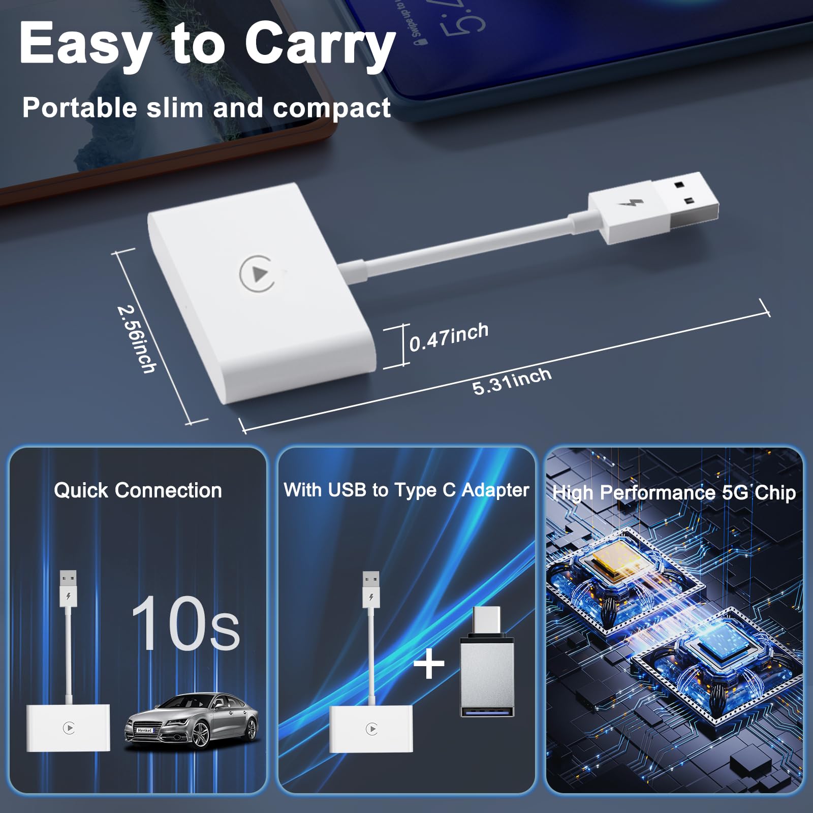 Wireless CarPlay Adapter for iPhone - Convert Wired to Wireless CarPlay for Audi, VW, Skoda, Hyundai, Volvo, Renault - iOS 13+ & 5GHz WiFi Support - Perfect for Hands-Free Driving & Seamless Music Streaming
