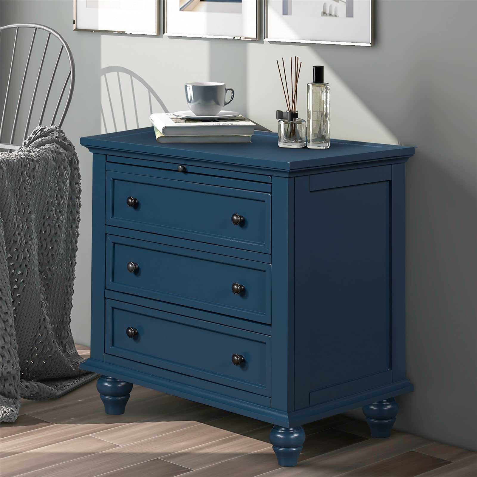 3-Drawer Wood Storage Cabinet with Pull-Out Tray - Blue Nightstand, End Table & Bedside Drawer Chest for Bedroom & Living Room - Perfect for Organizing Jewelry, Books & Bedroom Essentials - Easy Assembly Furniture