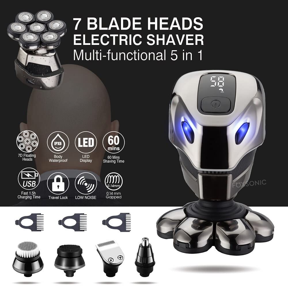 Electric Head Shaver for Bald Men - 7D Waterproof LED Shaving Machine, Wet/Dry Trimmer Razor for Smooth Bald Head Shaving | Perfect for Home, Travel & Gym Use