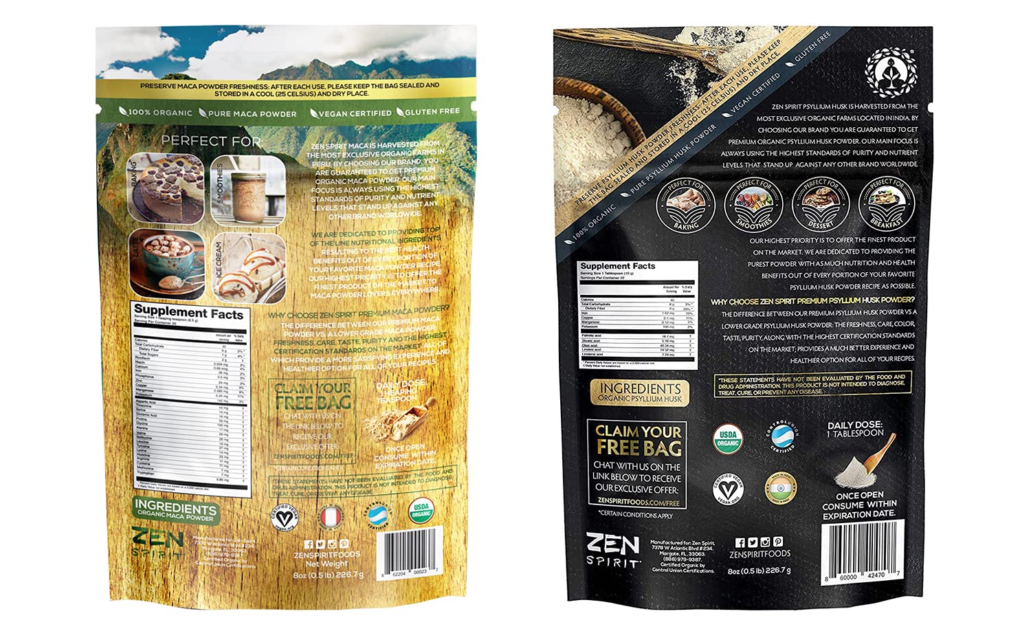 Zen Spirit Maca & Psyllium Powder - USDA Organic & Vegan Certified Superfood for Energy, Digestion & Weight Management | Perfect for Smoothies, Baking & Wellness Routines