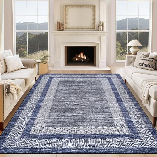 GARVEE 2x6 Modern Non-Slip Runner Rug - Washable Soft Geometric Carpet for Hallway, Kitchen & Entryway | Distressed Blue Border Design | Perfect for High-Traffic Areas, Home Decor & Pet-Friendly Spaces