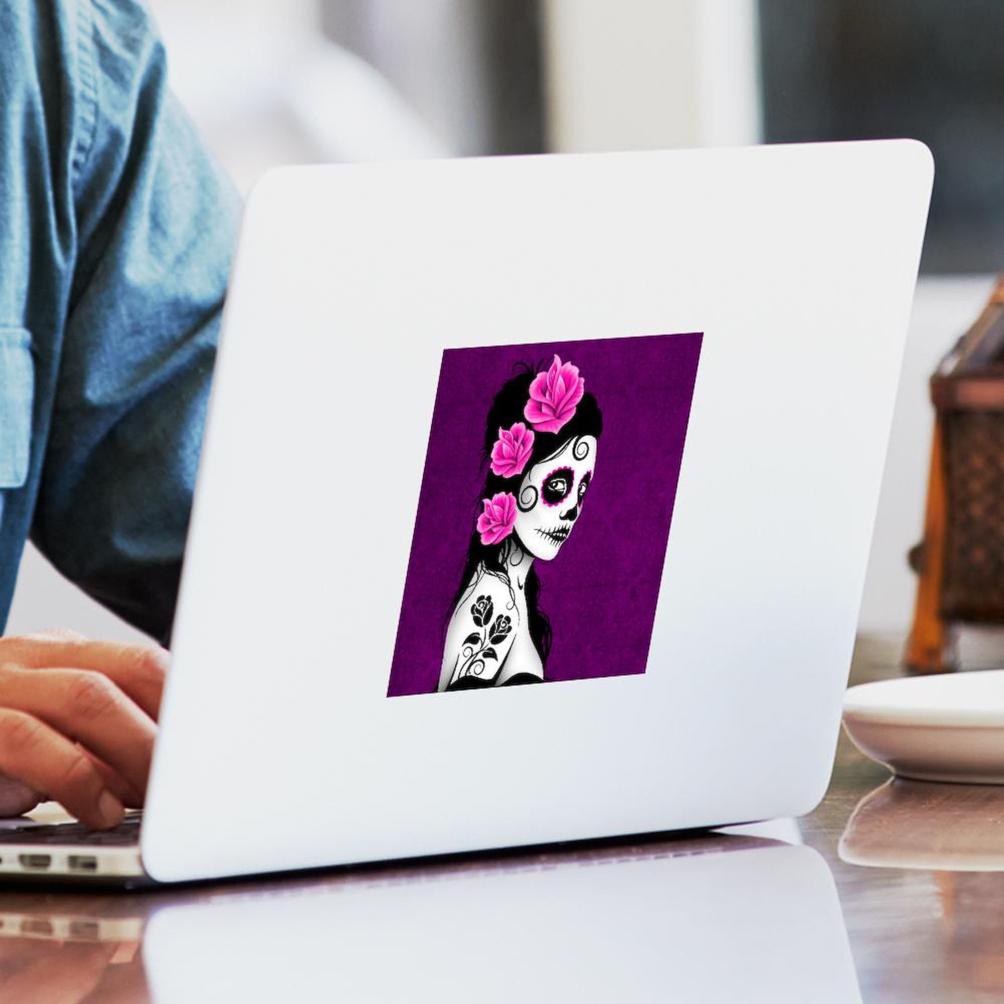 Day of The Dead Girl Purple Square Bumper Sticker - Waterproof Car Decal for Windows, Laptops & DIY Crafts - Mexican Sugar Skull Aesthetic for Halloween, Dia de Muertos Celebrations