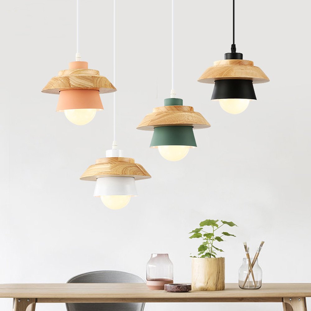 Modern Nordic Iron & Wood Chandelier - Single Head LED Pendant Light in Black, White, Pink, Green - Minimalist Ceiling Lamp for Bedroom, Restaurant & Living Room Decor (White)