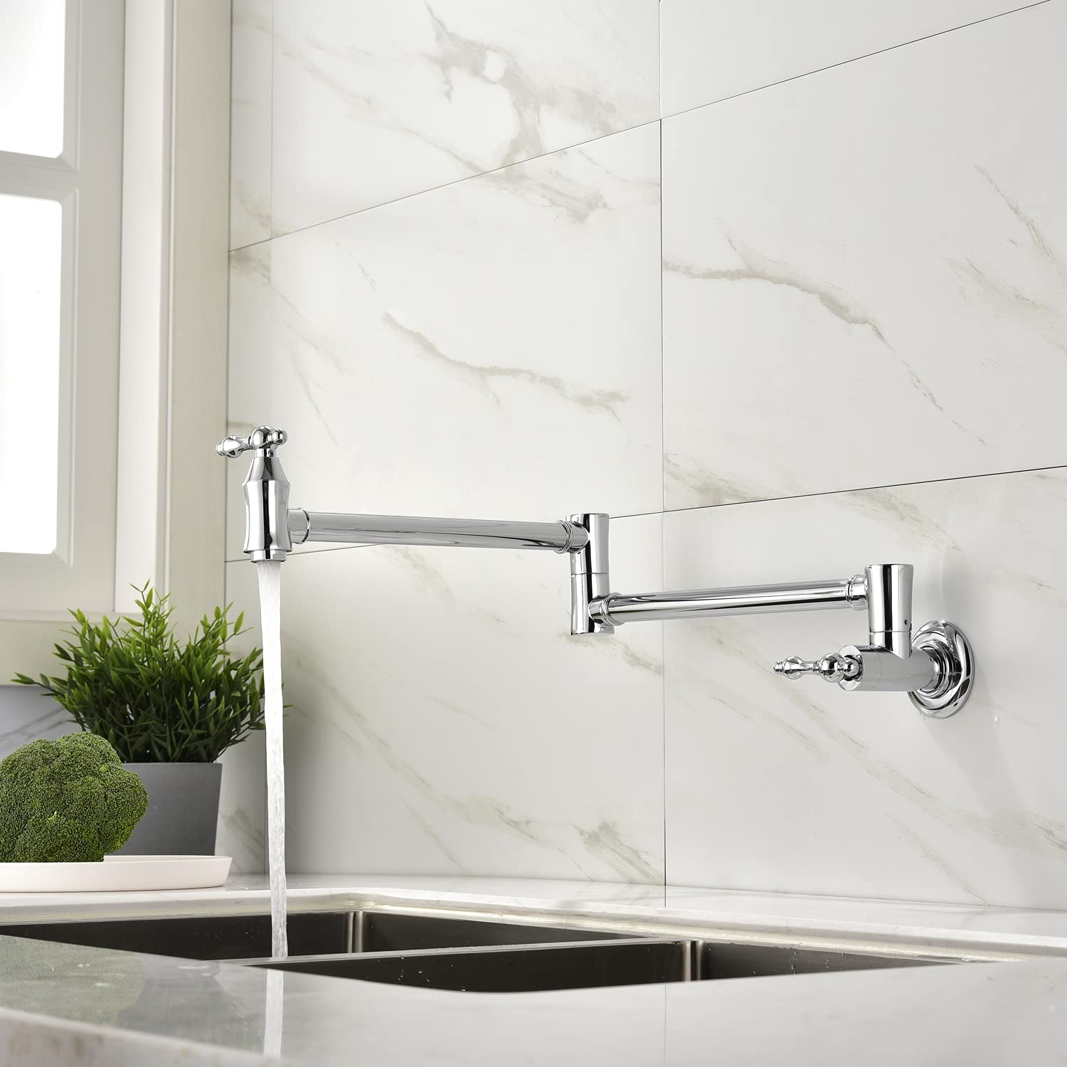 GT4-ZJ Solid Brass Wall Mount Folding Kitchen Faucet - Extendable Swing Arm Pot Filler Faucet in Brushed Silver for Modern Home & Commercial Use | Perfect for Filling Large Pots, Watering Plants & Hand Washing