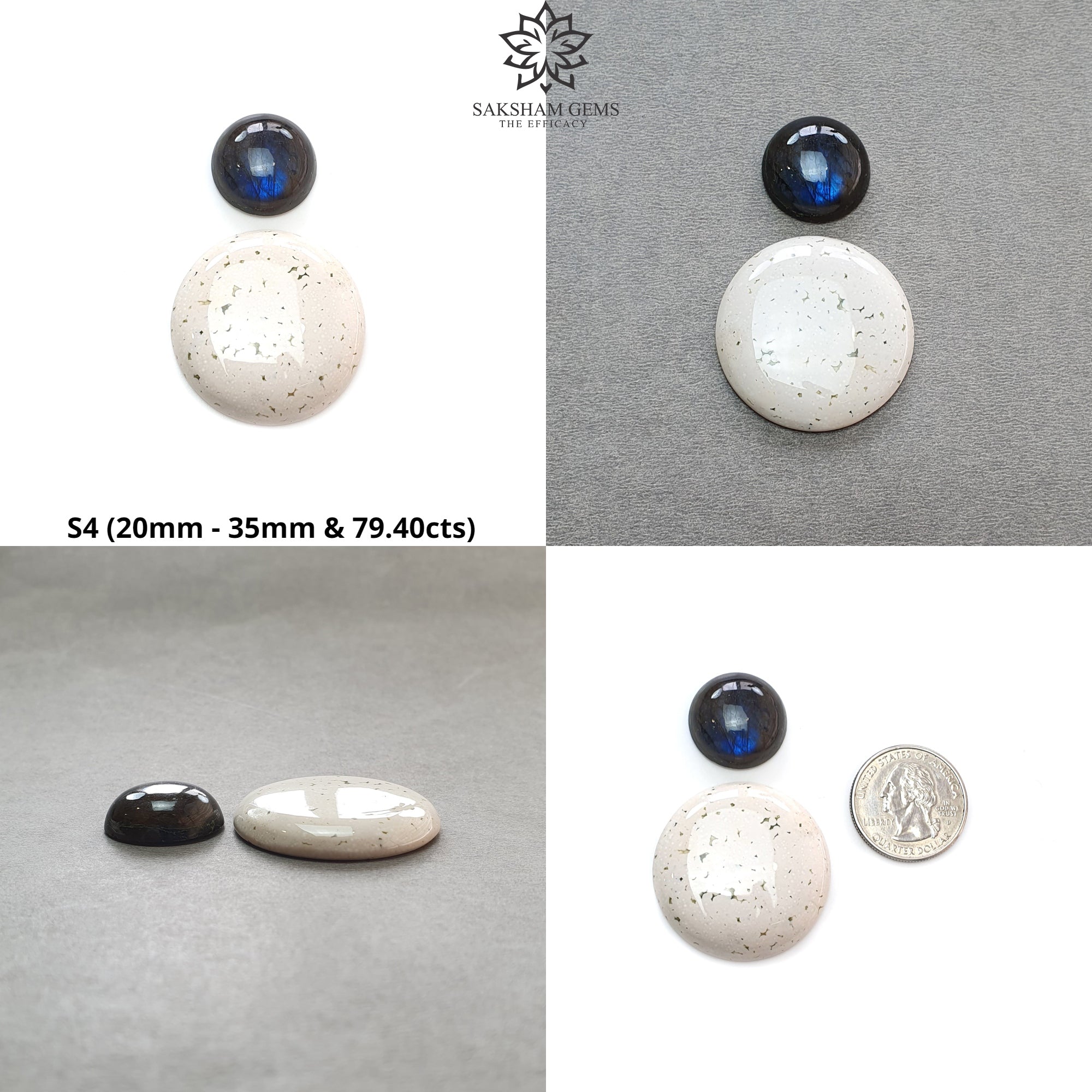 Natural Untreated Botswana & Moss Agate Labradorite Gemstone Cabochon - Bi-Color Cushion Round Shape 2pc Set for Jewelry Making, Wire Wrapping & Healing Crystals