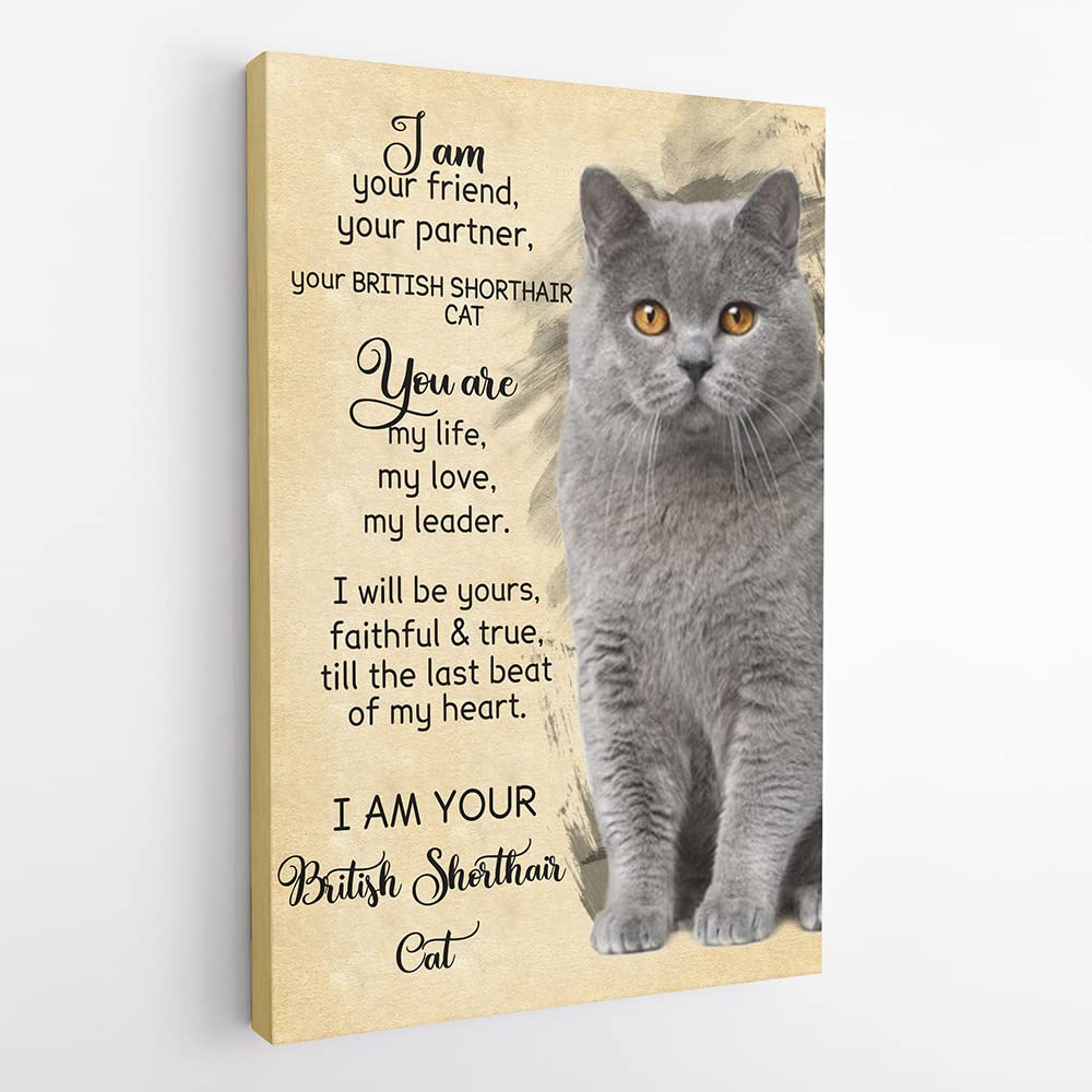 Vintage British Shorthair Cat Canvas Wall Art - Funny 'I Am Your Friend & Partner' Cat Painting Decor - Perfect Gift for Cat Lovers & Cat Moms - Christmas, Birthday & Home Decor Present (12x16 inches) - Ideal for Living Room, Bedroom & Office Wall Decoration