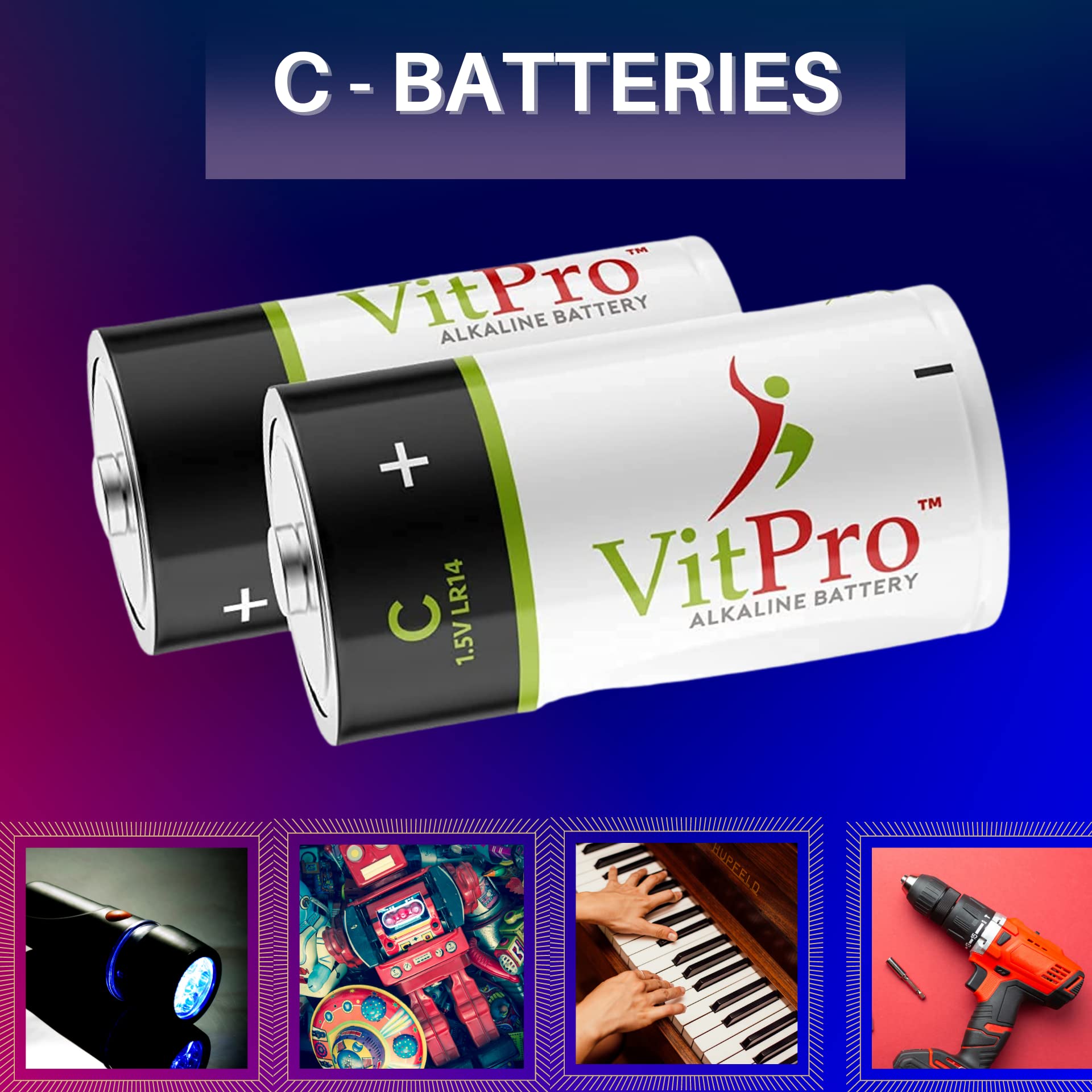 High-Performance C Cell Alkaline Batteries (4 Pack) - 1.5V Long-Lasting Power for Flashlights, Toys, Radios & More | All-Purpose Everyday Use Batteries