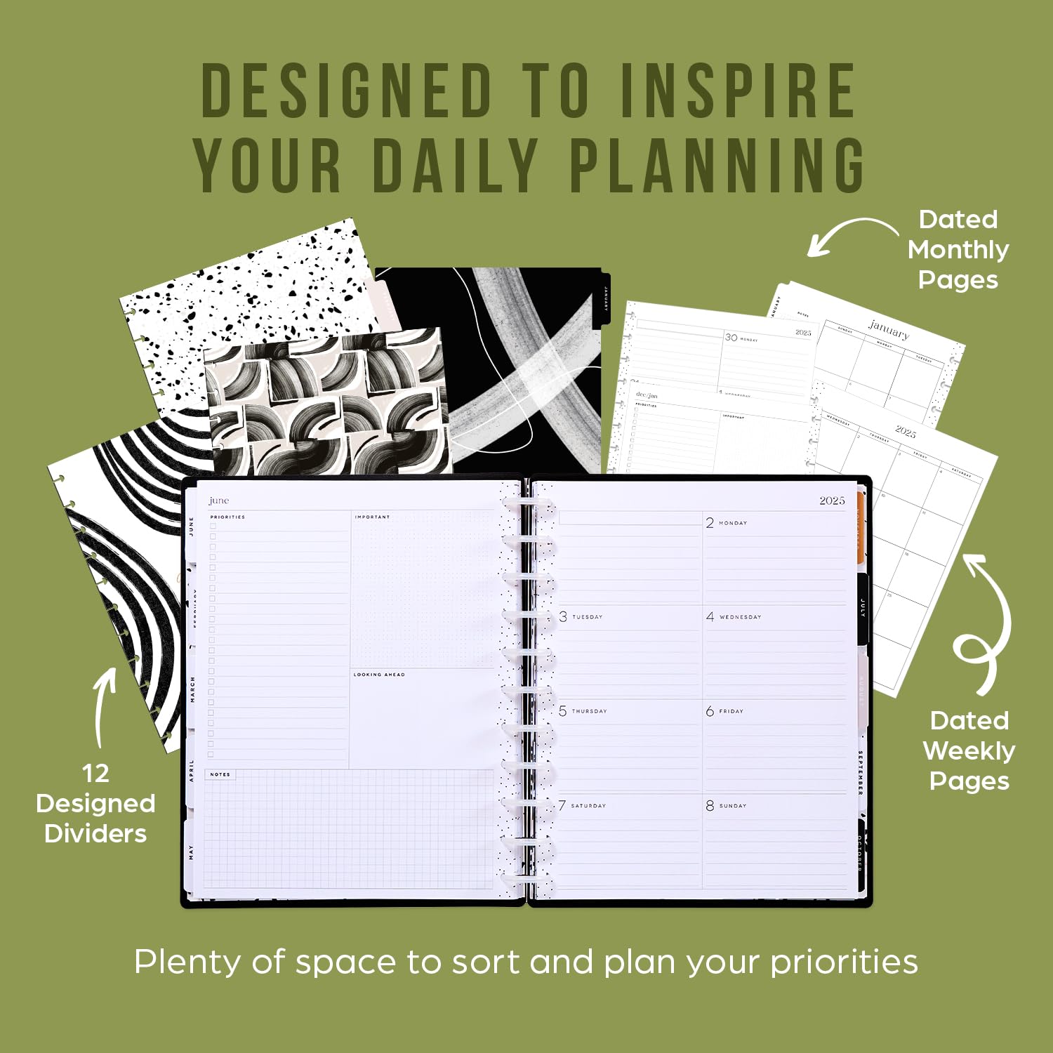 Happy Planner 2025 Disc-Bound 12-Month Planner - Daily Weekly Monthly Organizer with Dashboard Layout, 72 Pages, 12 Dividers & 2 Sticker Sheets - 8.5