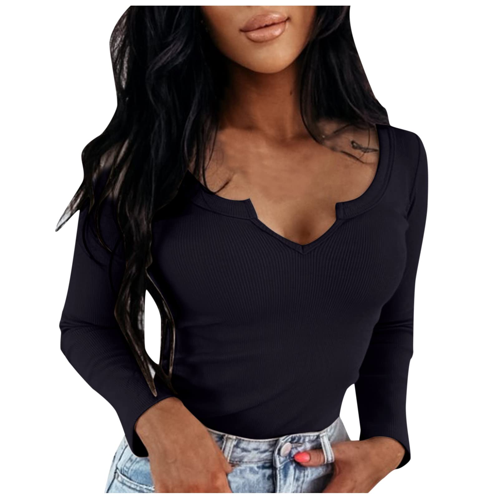 Sexy Women's Long Sleeve V-Neck Blouse - Ruched Low Cut T-Shirt for Women | Perfect for Date Night & Office Wear