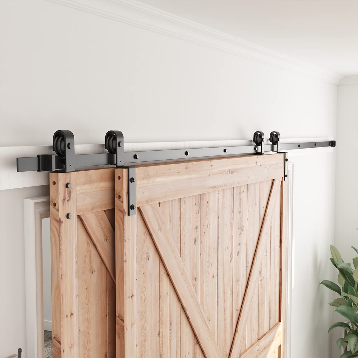 SMARTSTANDARD 12 Feet Bypass Sliding Barn Door Hardware Kit for Double Wooden Doors - Single Track System - Smooth Quiet Operation - Easy Installation Fits 132