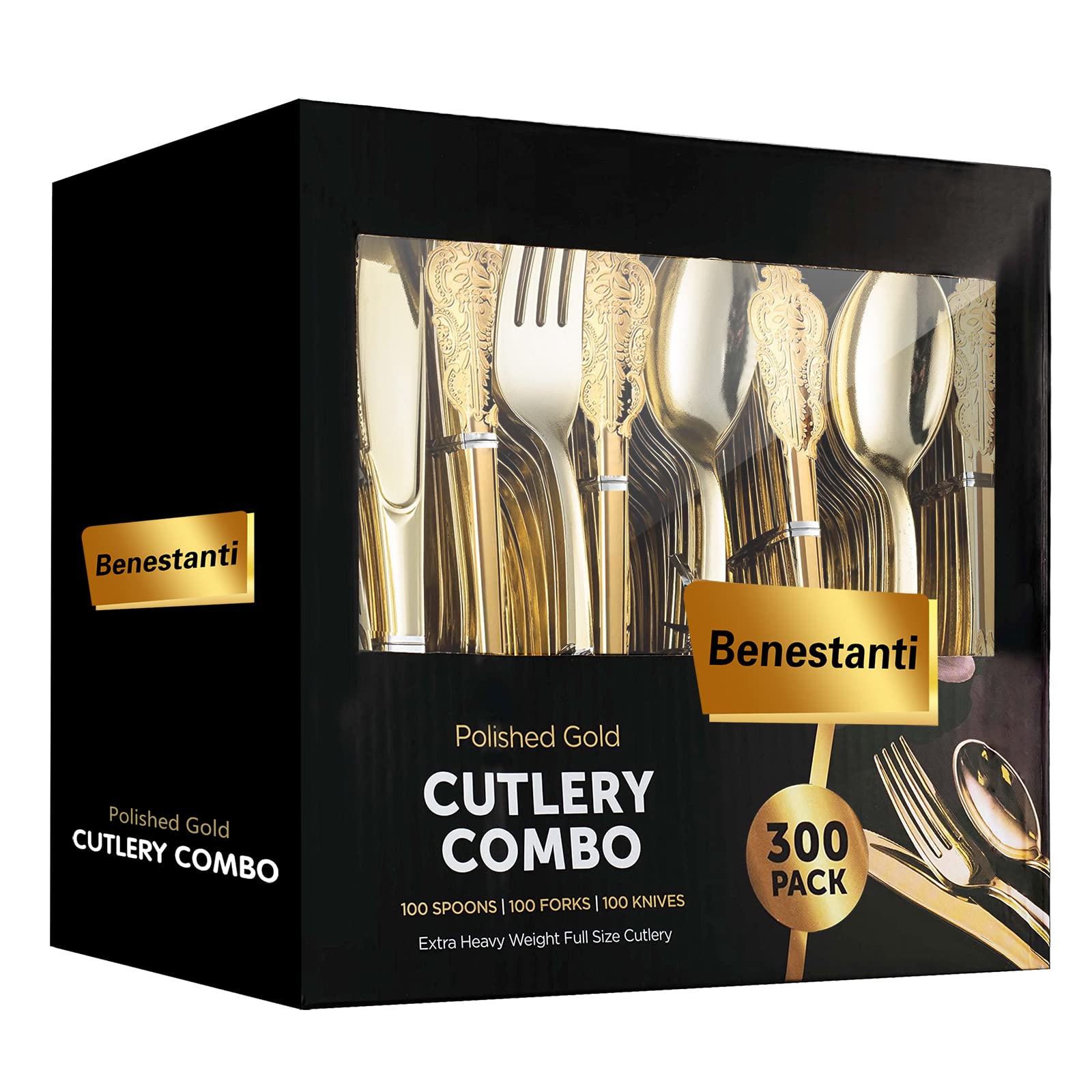 300-Piece Gold Plastic Silverware Set - Heavy Duty Disposable Cutlery for Parties, Weddings & Events (100 Forks, 100 Spoons, 100 Knives) - Elegant Gold Utensils for Birthday Celebrations, Bridal Showers & Catering Events