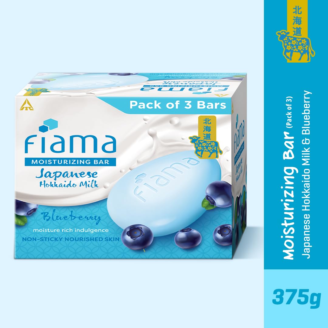 Fiama Moisturizing Soap Bar with Japanese Hokkaido Milk & Blueberry - Pack of 3 | Non-Sticky Moisturizing Soap for Soft Skin | Enriched with Vitamin F & Natural Fragrance | Perfect for Daily Bathing, Spa Days & Gift Giving