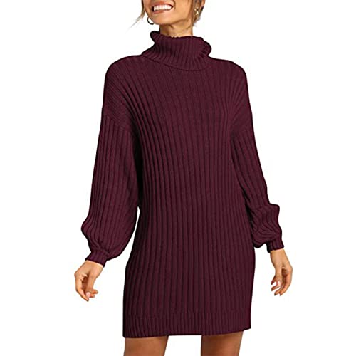 Women's Knit Turtleneck Dress - Long Sleeve Loose Fit Tunic Sweater Dress with Lantern Sleeves | Casual Winter Wear for Office, Date Night & Holiday Parties