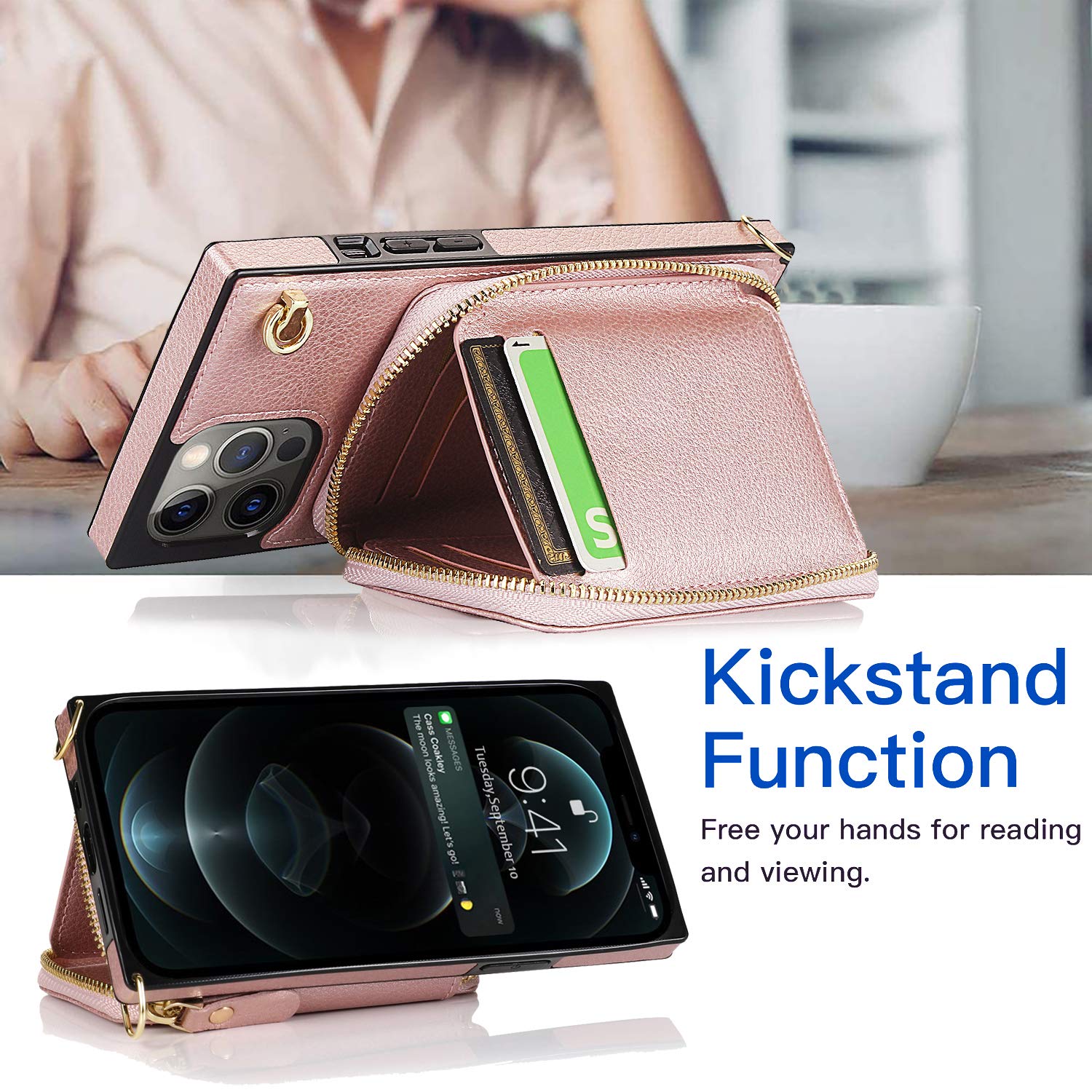 DEFBSC Crossbody Wallet Phone Case for iPhone 12 Pro Max (6.7 Inch) - Rose Gold Zipper Card Holder with Shoulder Strap & Wristlet | Perfect for Travel, Shopping & Everyday Use