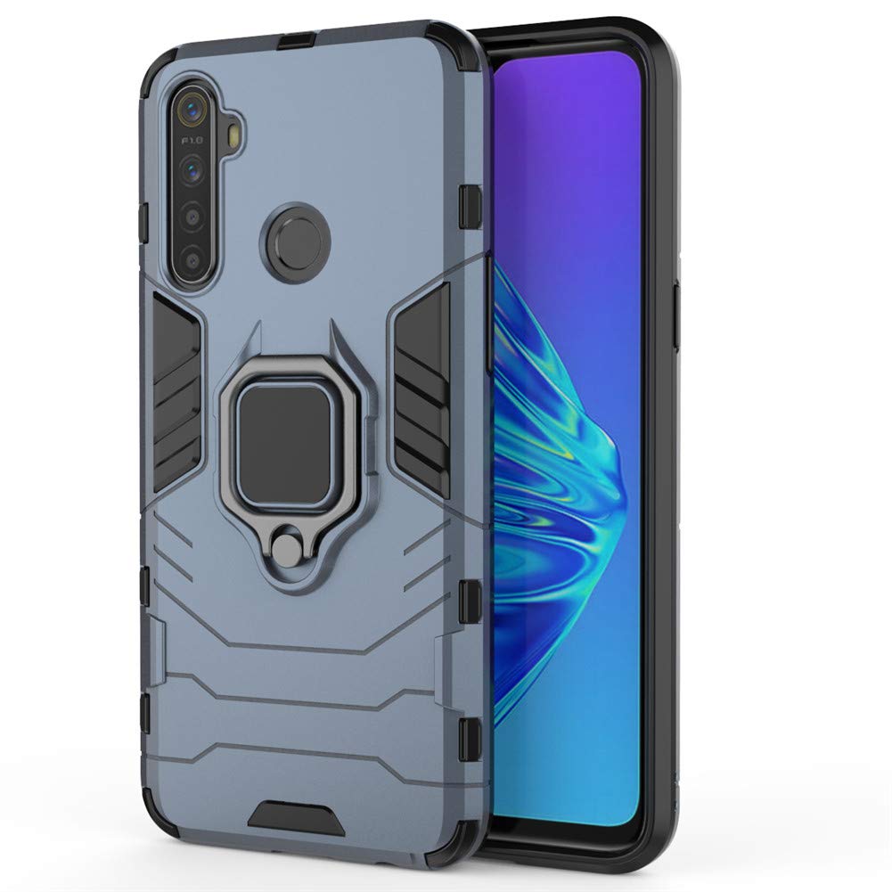 **LuluMain Shockproof Rugged Case for Oppo Realme 5/5i - Hard Bumper with Metal Ring Grip & Kickstand | Compatible with Magnetic Car Mount | Navy Blue | Perfect for Outdoor, Travel & Daily Protection**