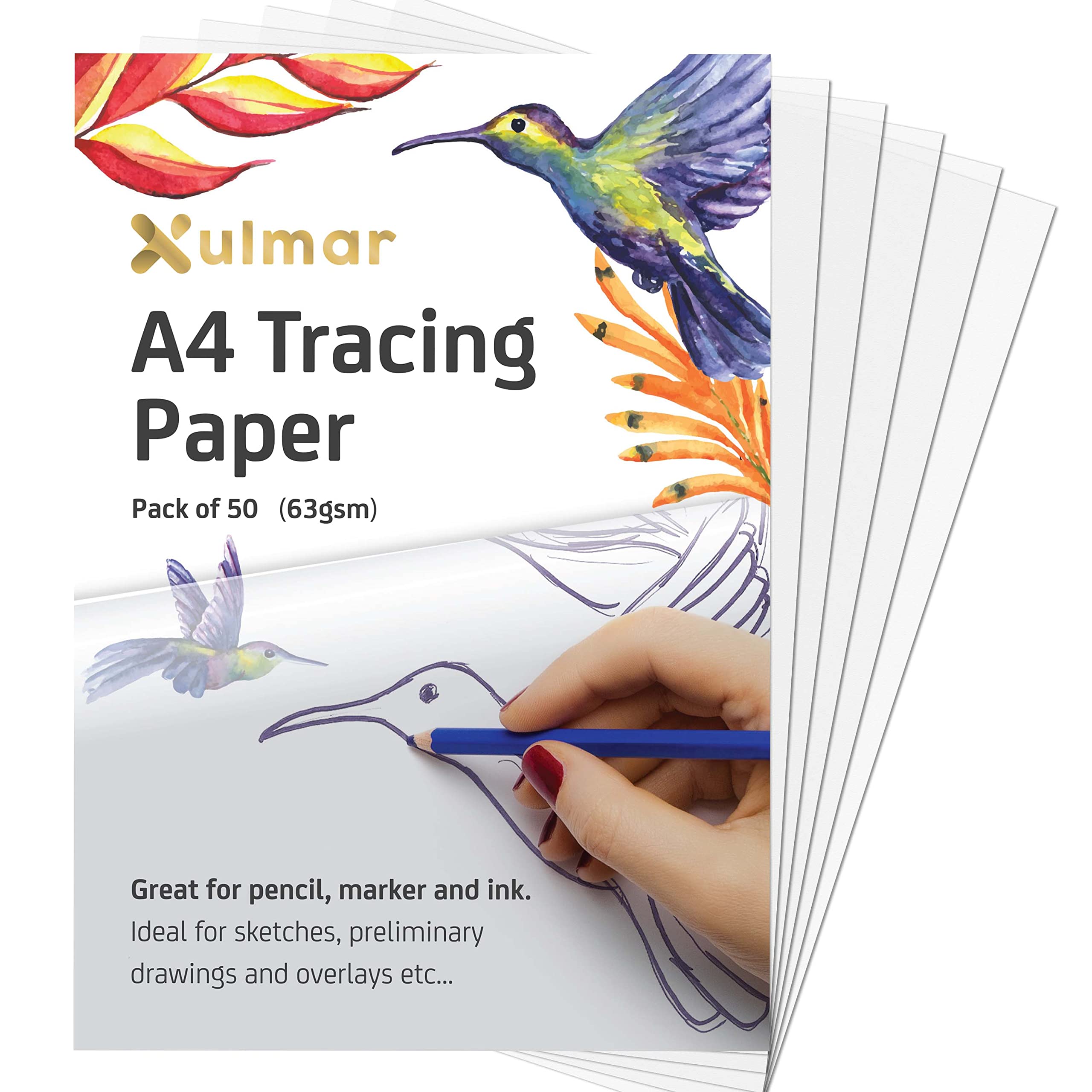 Xulmar Tracing Paper A4 63 GSM - Pack of 50 Sheets for Sewing Patterns, Drawing, Sketching | Perfect for Artists, Designers & Crafters | Use with Art Paper & Sketchbooks