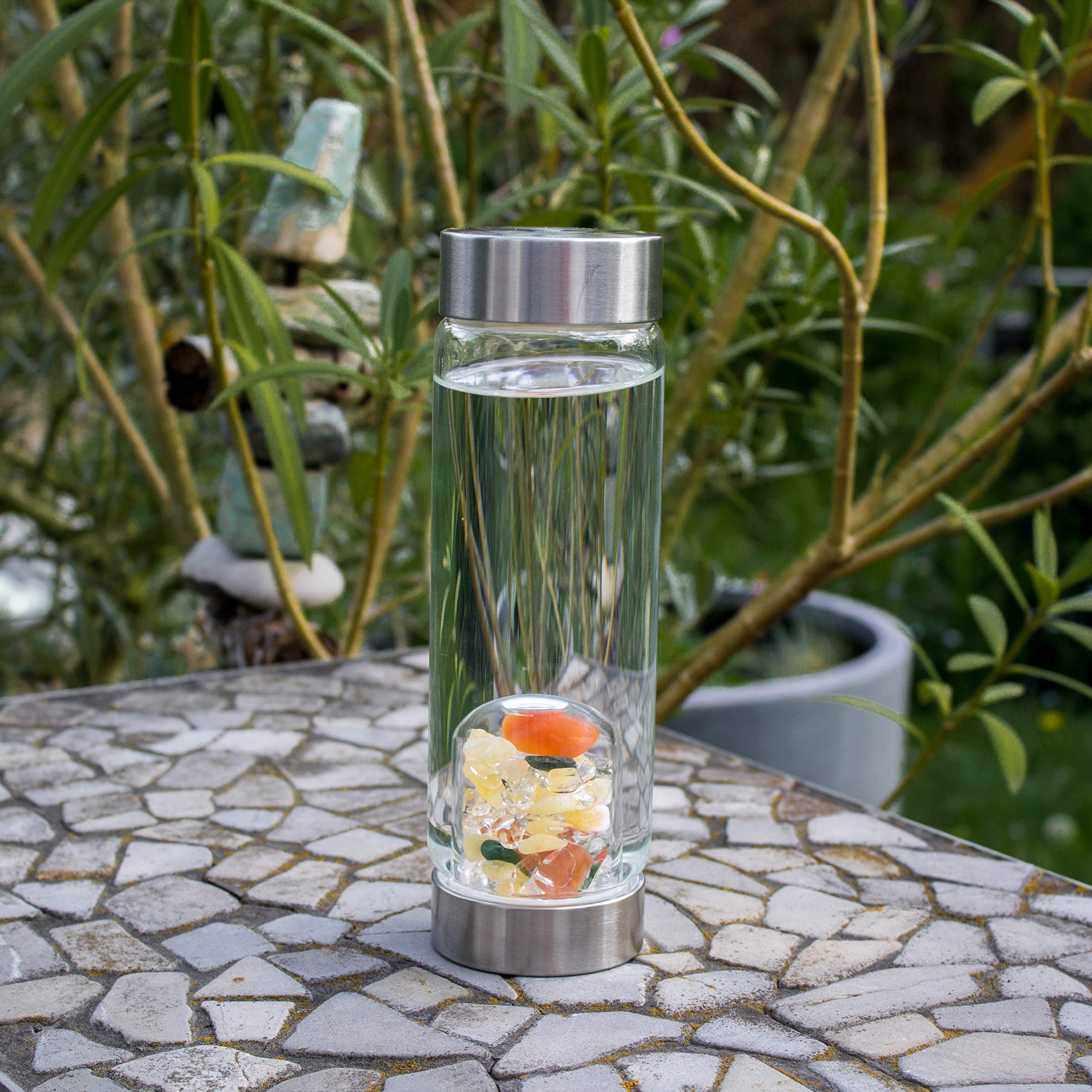 VitaJuwel ViA HAPPINESS Crystal Water Bottle - Jade, Orange Calcite, Carnelian & Clear Quartz Infused for Positive Energy, Good Luck & Motivation | Reusable Wellness Bottle for Yoga, Meditation, Office & Daily Hydration