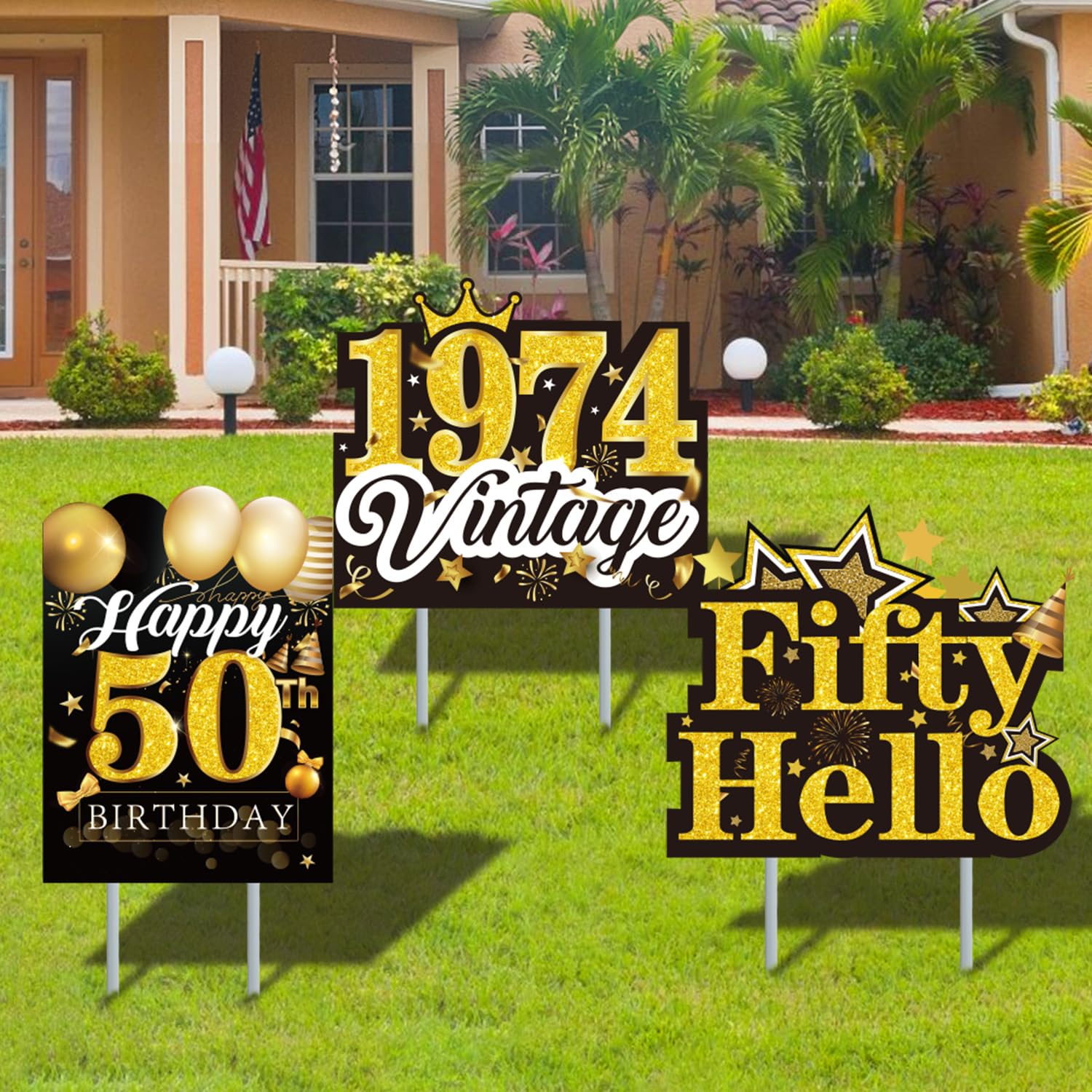 3PCS Happy 50th Birthday Yard Signs - Black & Gold Large 1974 Lawn Decorations with Stakes for Men & Women | 50th Birthday Party Outdoor Supplies | Perfect for Backyard Celebrations, Anniversary Decor & Milestone Events