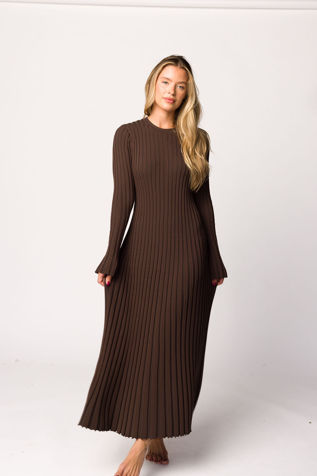 Colette Premium Long Sleeve Ribbed Knit Maxi Dress - Brown Maternity Dress for Pregnancy | Bump Friendly, Comfortable & Stylish for Casual Outings, Date Nights & Special Occasions