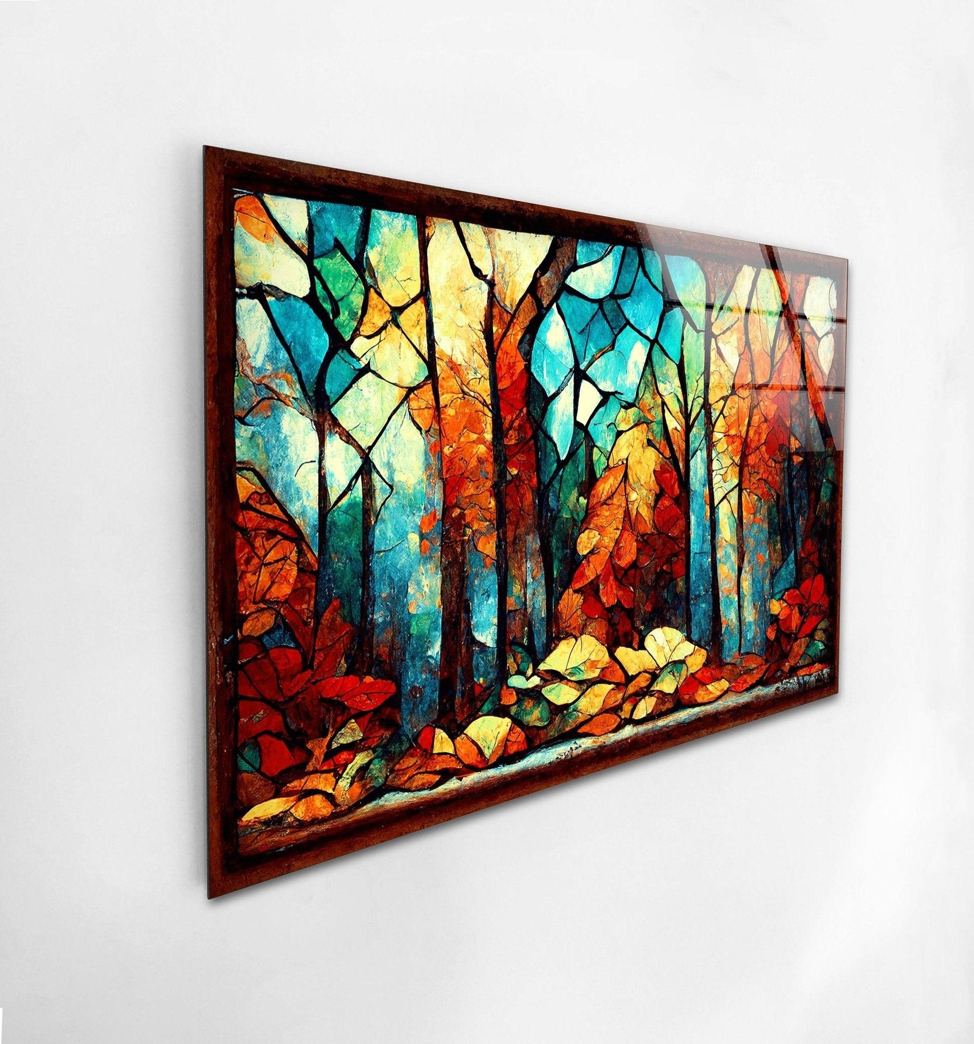 Autumn Forest Stained Glass Wall Art - Handmade Nature Inspired Window Hanging Decor for Living Room, Bedroom & Office - Perfect for Home Decor, Gifts & Meditation Spaces