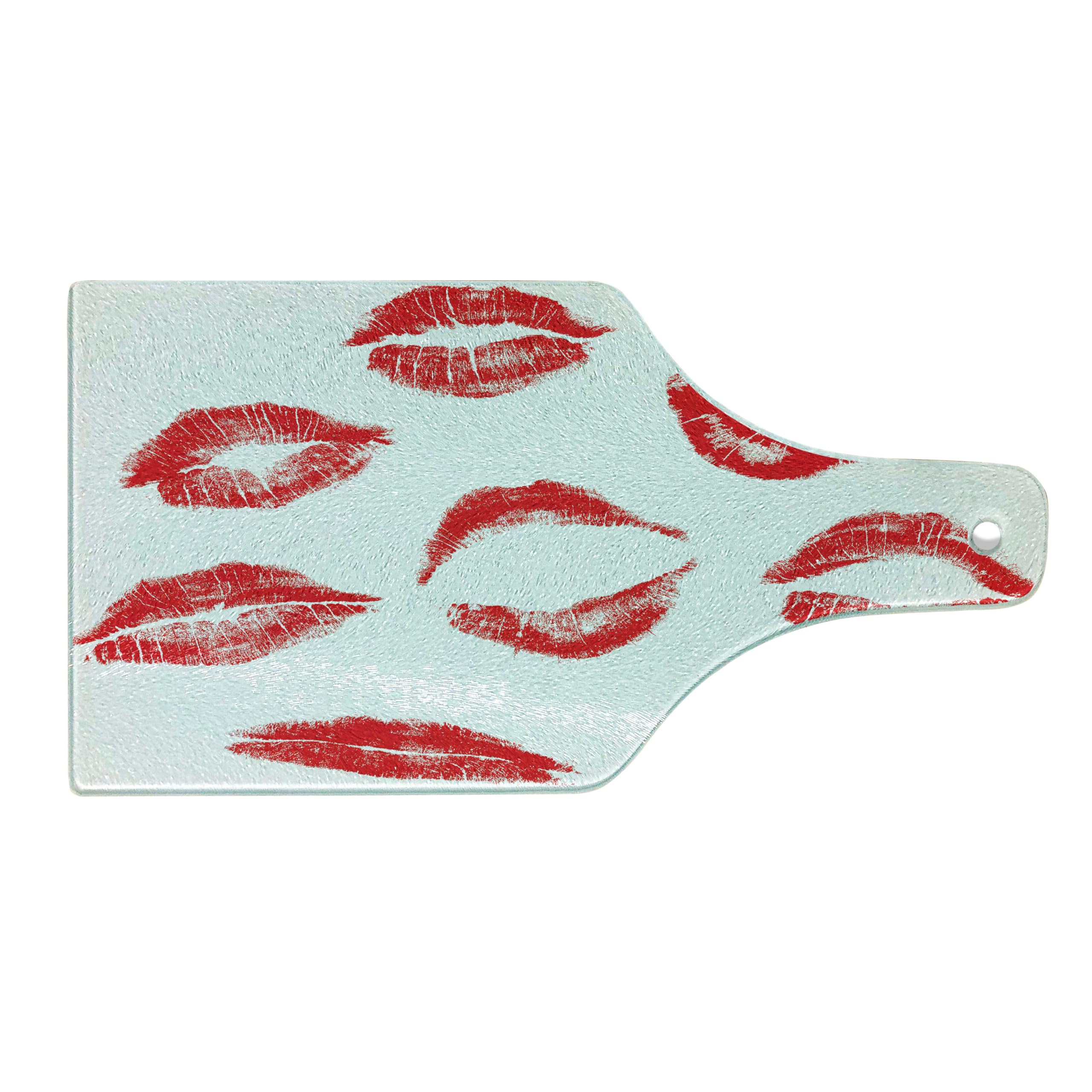 Ambesonne Red Lipstick Kiss Cutting Board - Tempered Glass Serving Board with Seductive Lip Marks, Wine Bottle Shape - Perfect for Romantic Dinners, Wine & Cheese Pairings, and Unique Home Decor