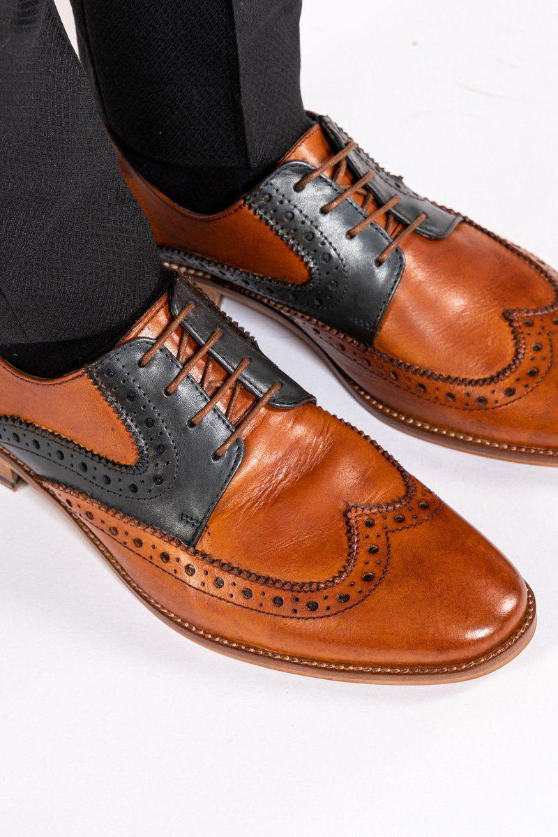 RILEY Tan & Navy Leather Oxford Brogue Shoes - Classic Contrast Wingtip Dress Shoes for Men | Perfect for Business, Weddings & Formal Occasions