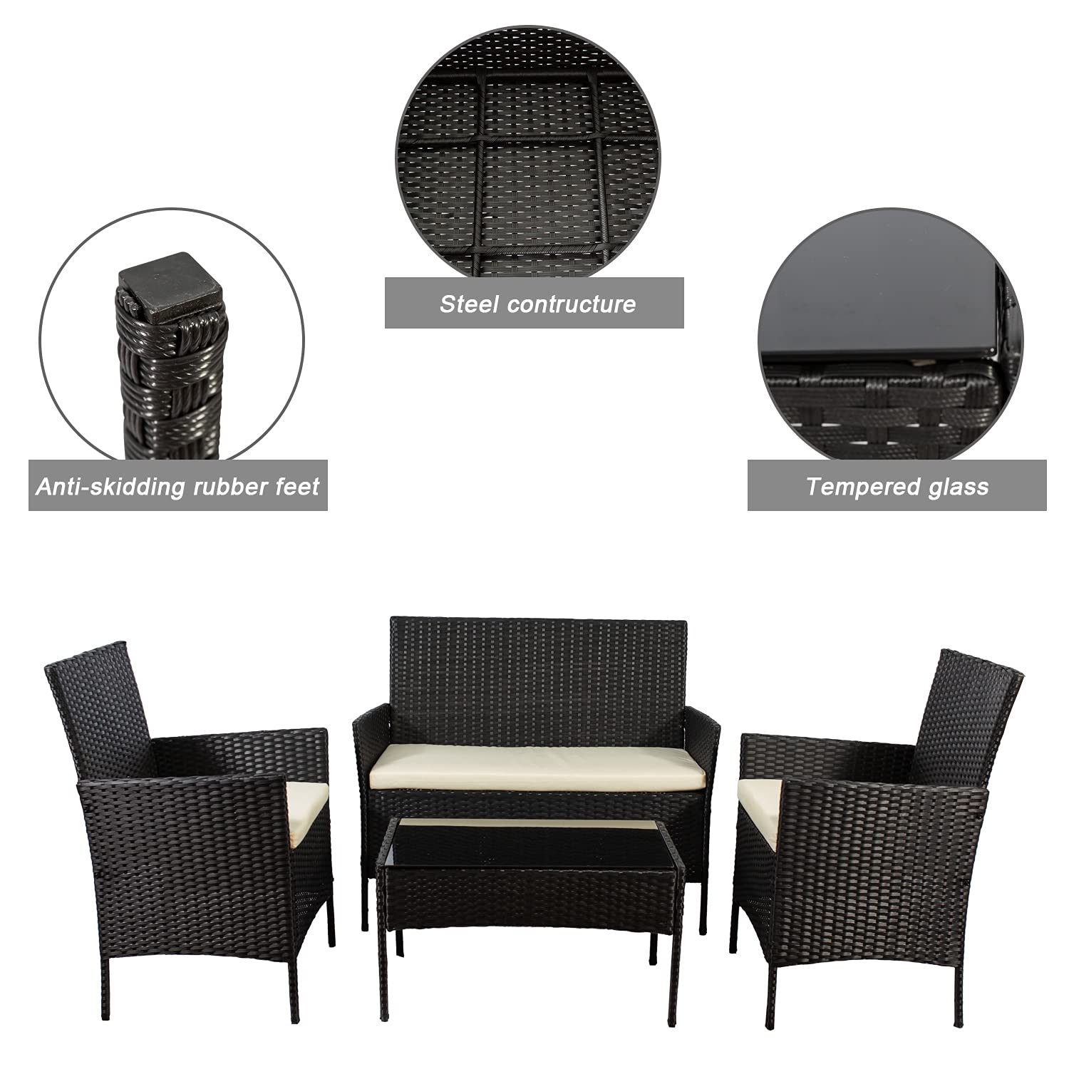 4-Piece Outdoor Patio Furniture Set - All-Weather Wicker Chairs with Cushions & Coffee Table - Black Rattan Conversation Set for Backyard, Porch, Garden, Poolside, Balcony (Indoor/Outdoor Use) - Perfect for Relaxing, Entertaining & Outdoor Dining