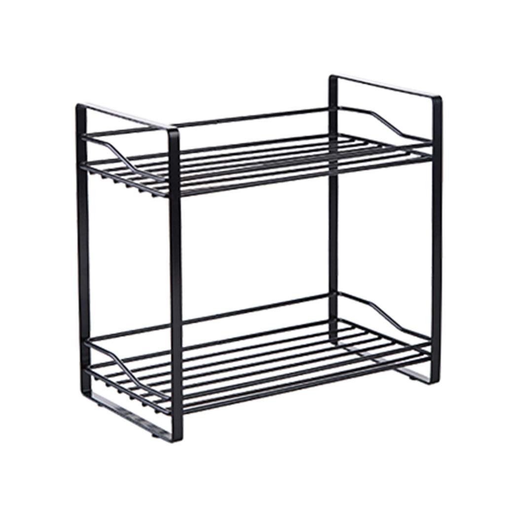 LZL Wrought Iron Double-Layer Spice Rack - Kitchen Countertop & Bathroom Storage Shelf for Spice Jars & Essentials - Hollow Design Space-Saving Organizer (Black) | Perfect for Small Kitchens, Bathroom Countertops & Pantry Organization