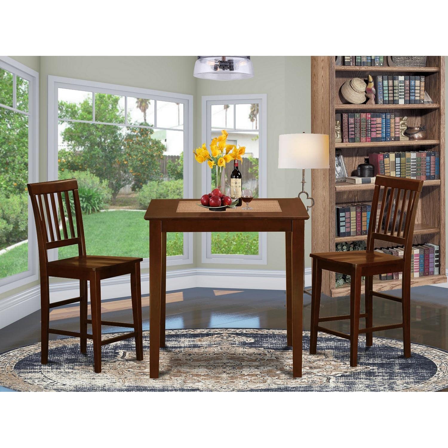 East West Furniture Vernon 3-Piece Counter Height Dining Set - 36x36 Inch Square Kitchen Table & 2 Bar Stools for Small Spaces, Mahogany Finish (VERN3-MAH-W) - Perfect for Breakfast Nooks, Apartments & Cozy Dining Areas