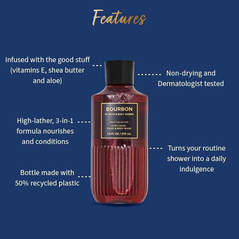 Bourbon 3-in-1 Hair Face & Body Wash for Men by Bath & Body Works - 10oz/295ml Moisturizing Shower Gel - Perfect for Gym, Travel & Daily Use