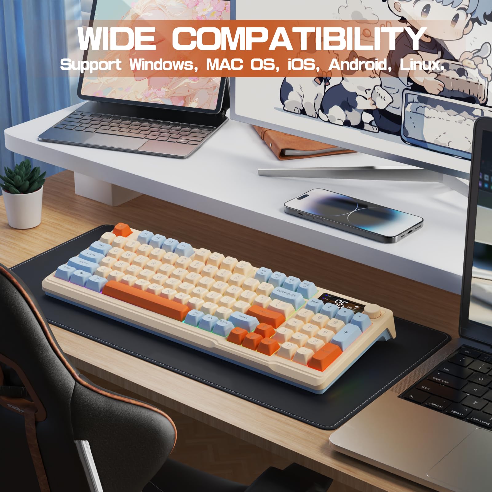 M96 Dual Mode Wireless Gaming Keyboard - 2.4G & Bluetooth 5.0 Connectivity, 90% Membrane Semi-Mechanical Keyboard with Smart Display & Control Knob, Rainbow Backlit 94-Key PBT Keycaps, 3000mAh Rechargeable Battery for Mac/Windows PC - Blue | Perfect for Gaming, Office Work & Home Use