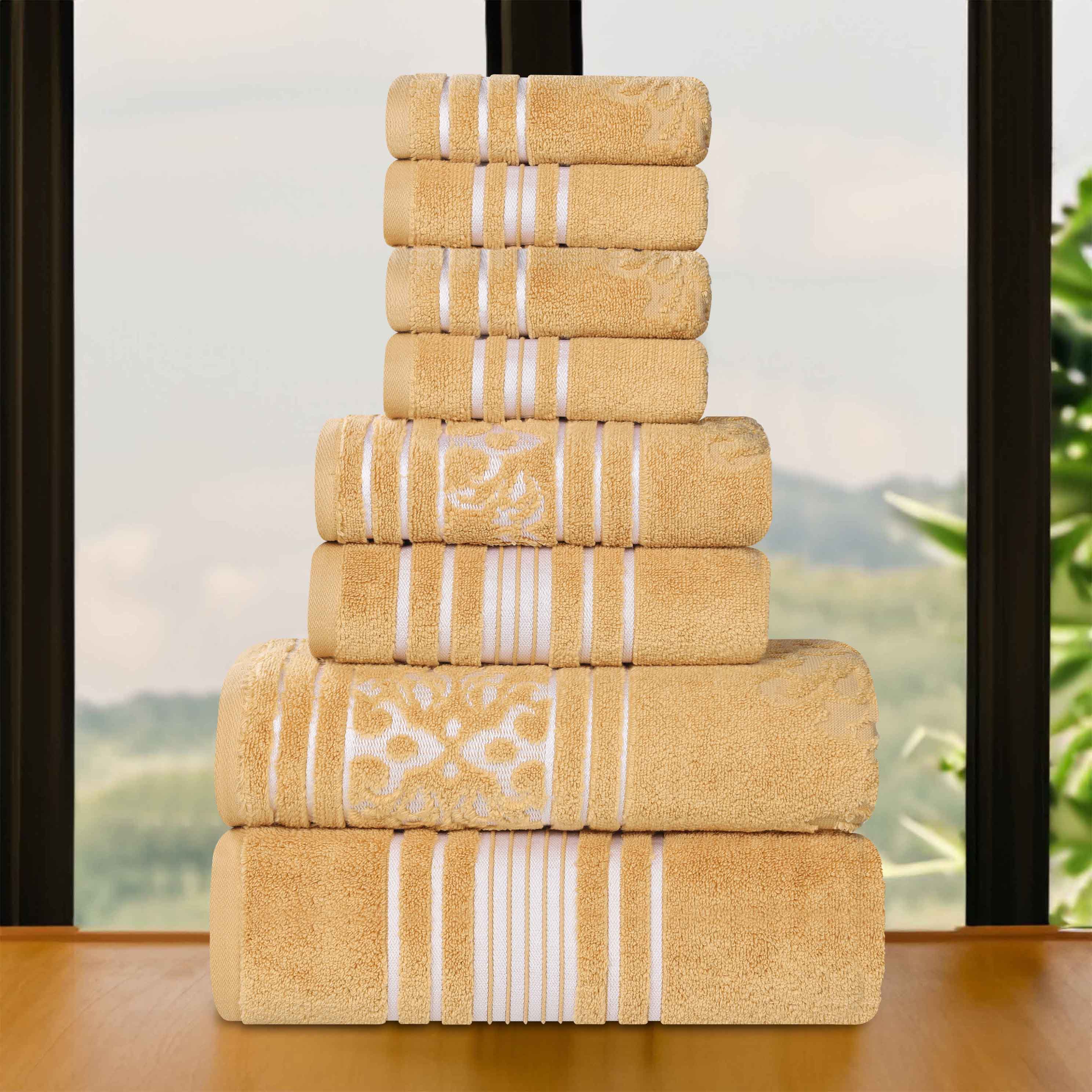 Premium 8-Piece Sadie Zero Twist Cotton Towel Set - Solid & Jacquard Floral Design | Ultra Absorbent Bath & Hand Towels for Luxury Bathroom, Spa & Guest Room Decor