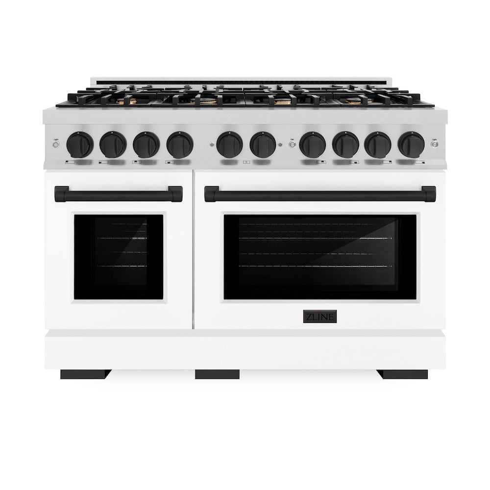 ZLINE Autograph Edition 48 Inch 6.7 Cu Ft Double Oven Gas Range with 8 Burner Cooktop - Stainless Steel with White Matte Doors & Black Accents (HGRZ WM 48 MB) - Perfect for Large Kitchens & Professional Cooking