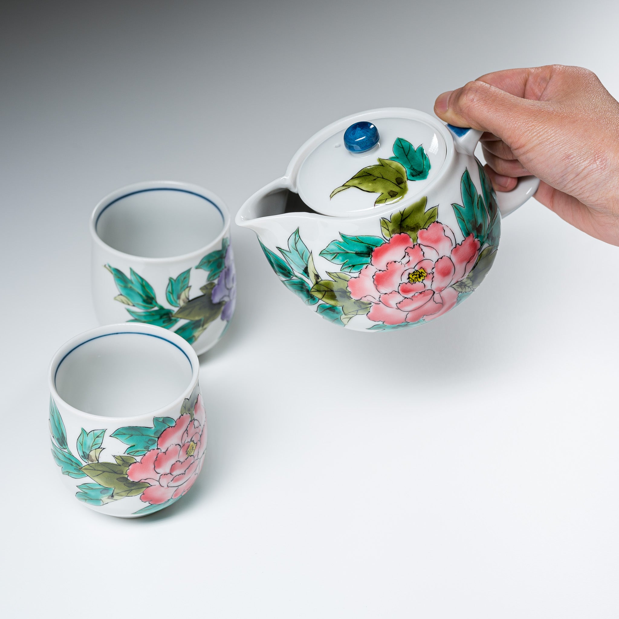 Premium Kutani Ware Japanese Tea Set with Peony Design - Authentic Hand-Painted Ceramic for Matcha, Green Tea & Home Decor