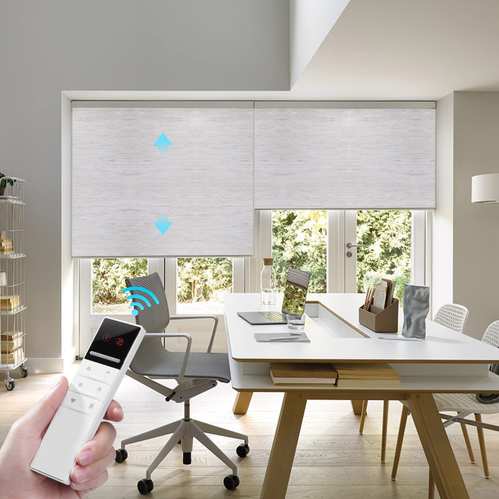 Smart Motorized Blackout Blinds with Remote Control - Wireless Rechargeable Roller Shades for Windows, Custom Size (Linen Luxury White) | Perfect for Home, Office & Restaurant Privacy & Light Control