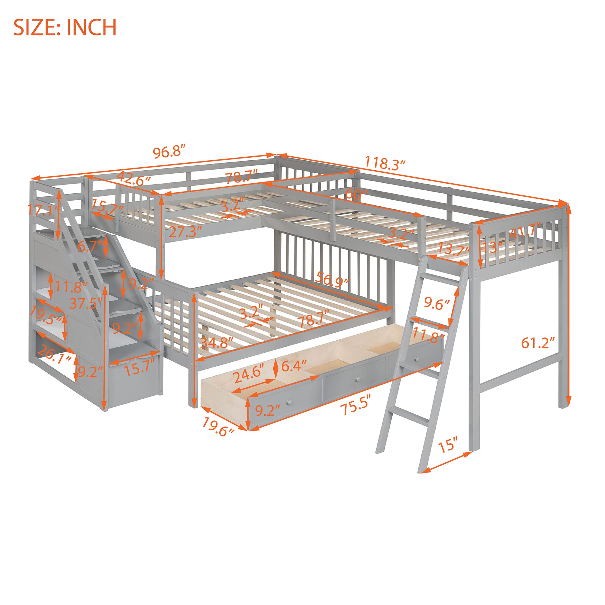 L Shaped Triple Bunk Bed with Stairs - Twin Over Full Bunk Bed with Loft & 3 Storage Drawers - Solid Wood Bunk Bed Frame for Kids, Teens, Boys & Girls (Gray) - Perfect for Small Rooms, Shared Kids' Bedrooms & Vacation Homes
