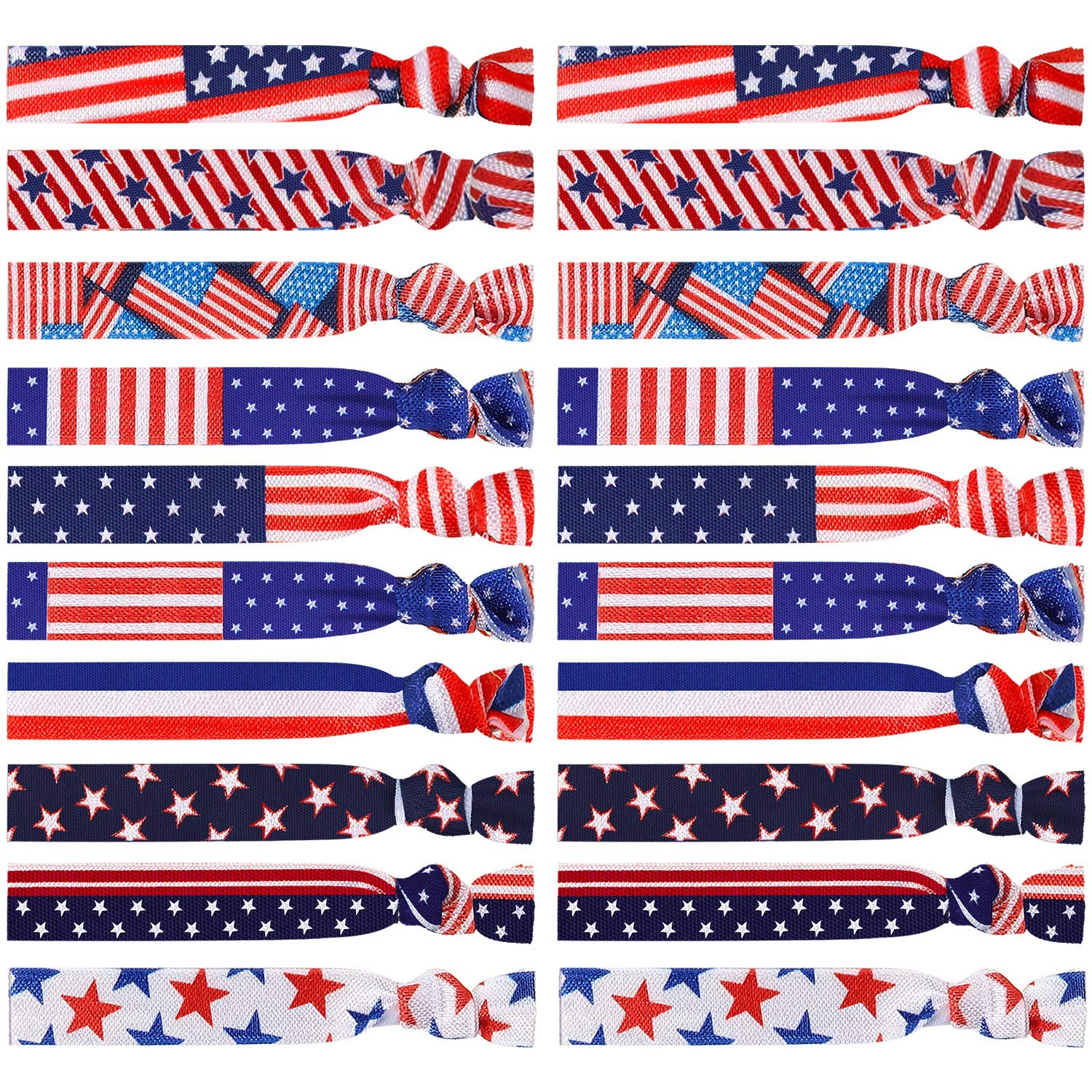 20 Pieces 4th of July Hair Ties - American Flag Elastic Hair Ribbons, Patriotic Ponytail Holders, No Crease Hair Bands for Women & Girls - Red White Blue Party Accessories for Independence Day, BBQ, Picnic & Summer Celebrations