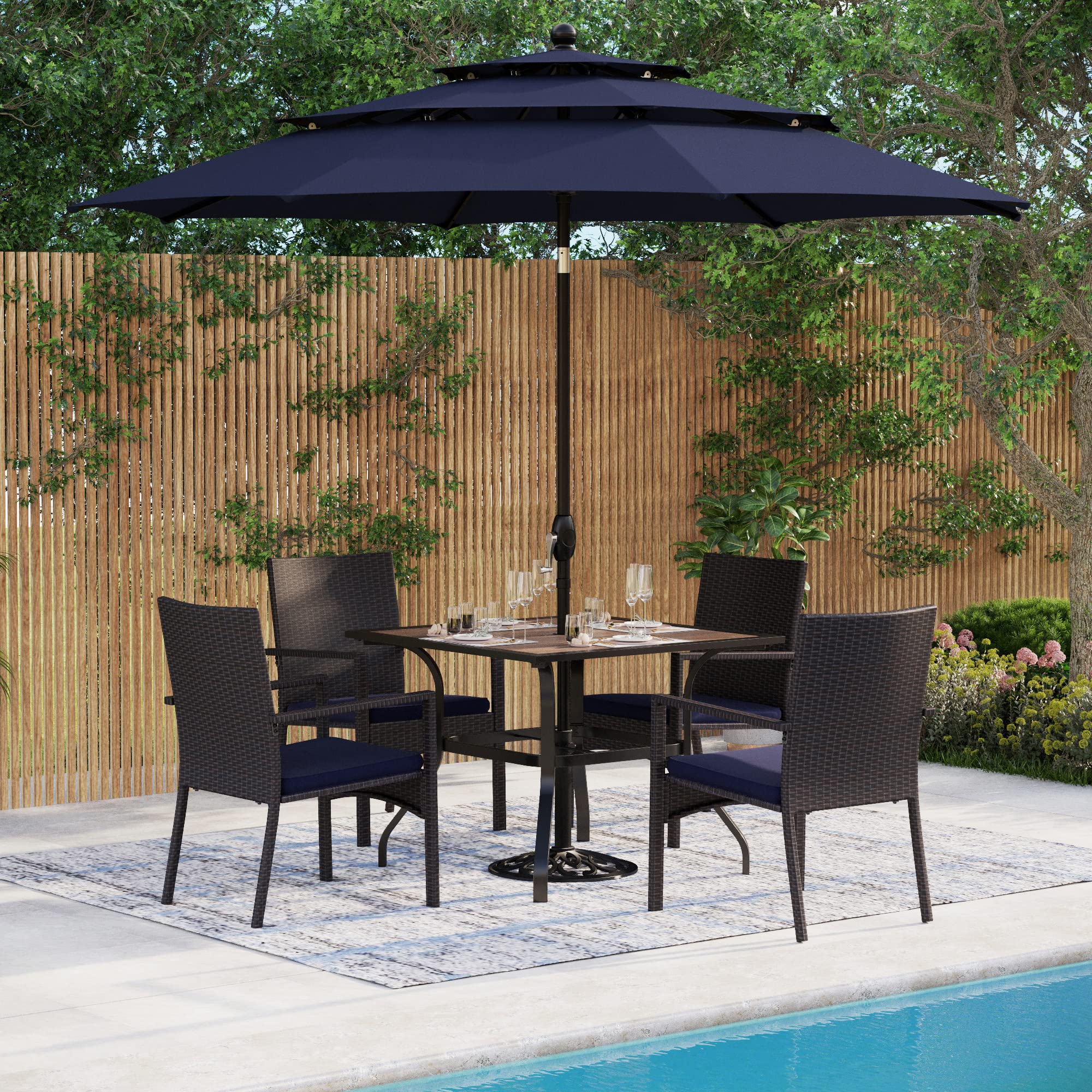 MFSTUDIO 6-Piece Outdoor Dining Set for 4 - Square Wood-Like Table with 4 Wicker Chairs & 10ft Umbrella - Patio Furniture for Backyard, Garden, Poolside Dining