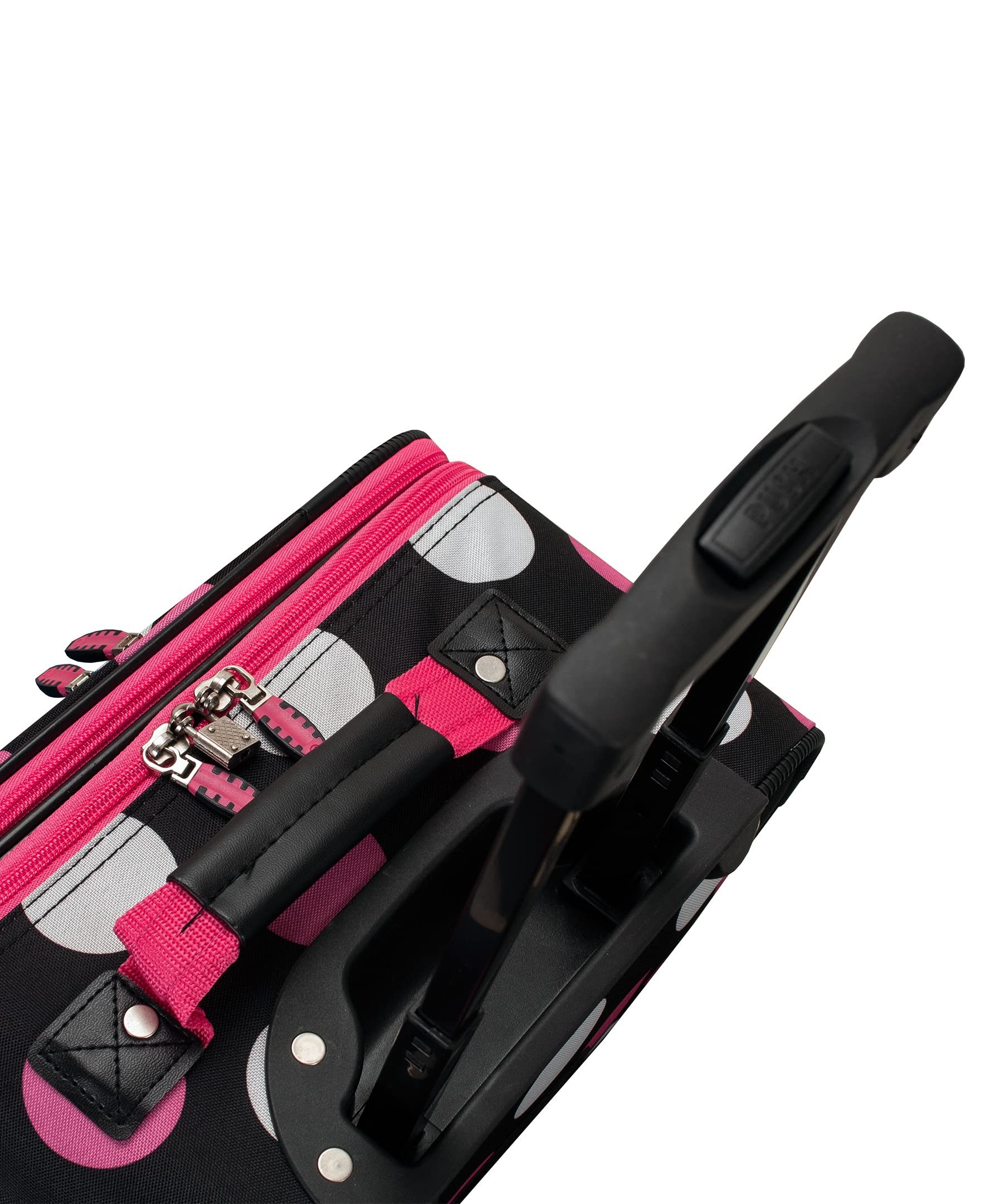 Rockland Escape 4-Piece Softside Upright Luggage Set with Telescoping Handles - Multi/Pink Dot (14/19/24/28 Inch) - Perfect for Family Vacations, Business Trips & International Travel