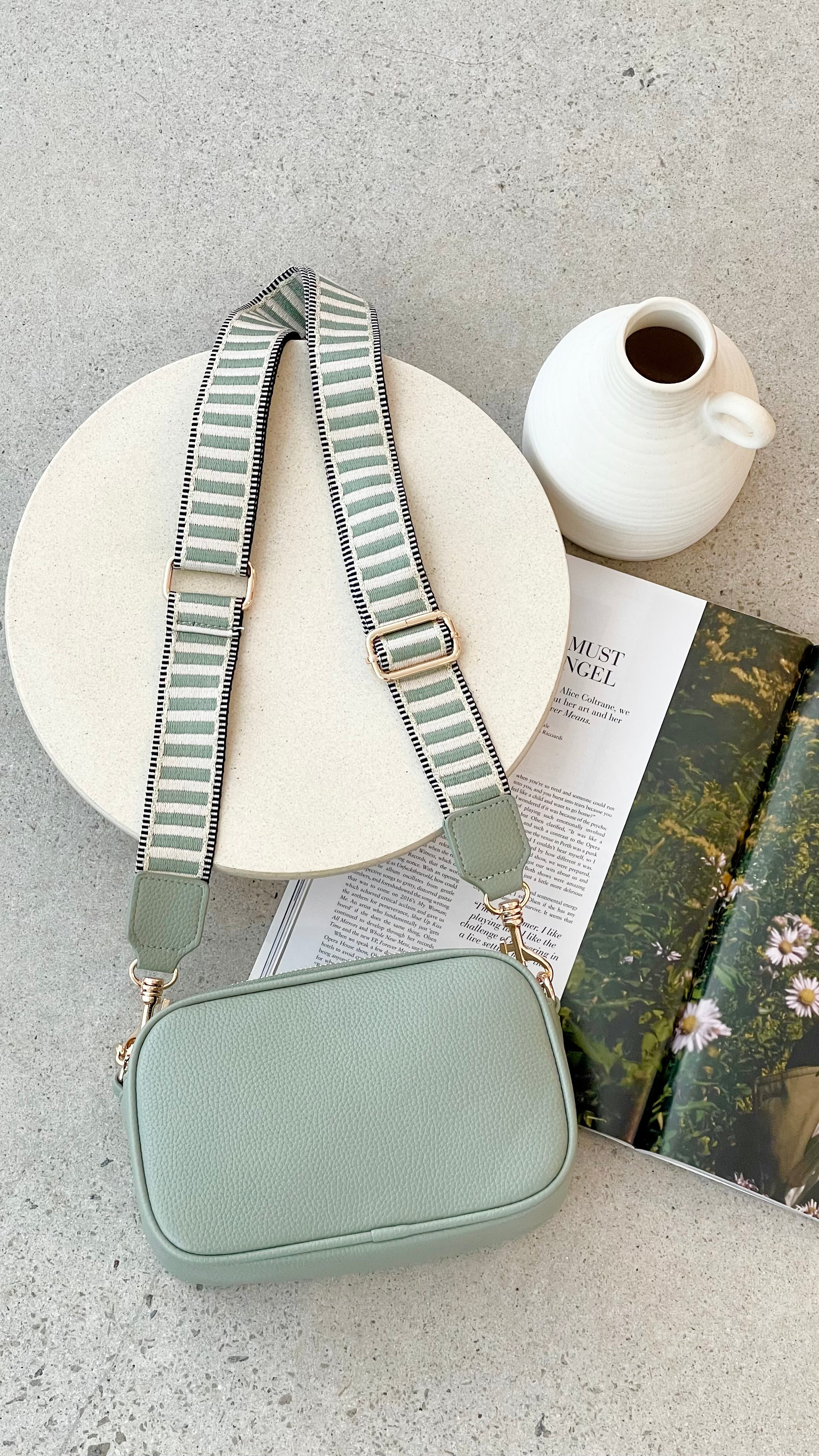 Bella Striped Webbing Camera Bag for DSLR & Mirrorless - Sage Green Crossbody Sling Bag for Travel, Hiking & Everyday Use