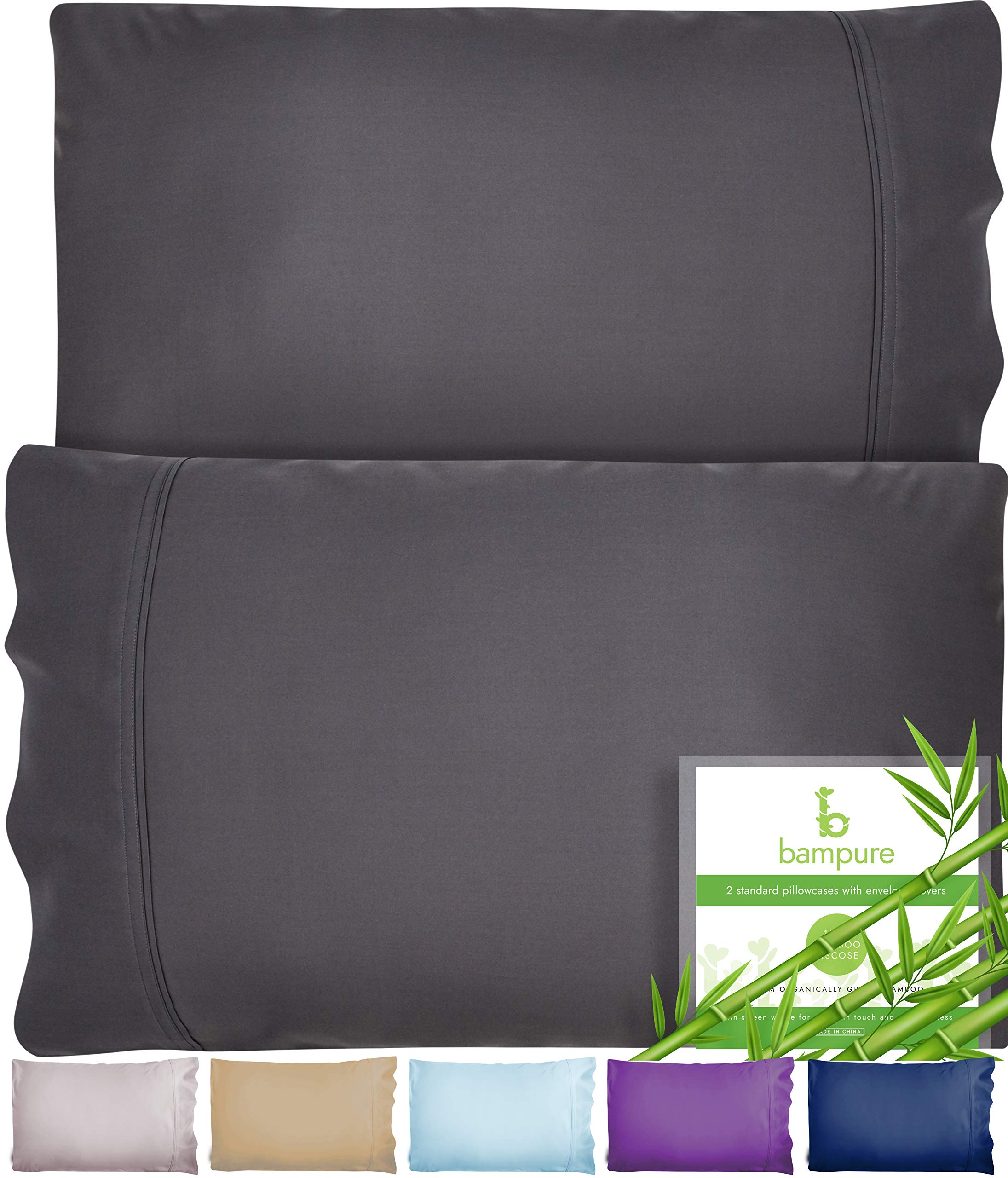 BAMPURE King Size Pillowcases Set of 2 - 100% Bamboo Viscose Cooling Pillow Covers (20x40, Charcoal Gray) for Hot Sleepers & Night Sweat Relief - Luxury Bedding for Better Sleep