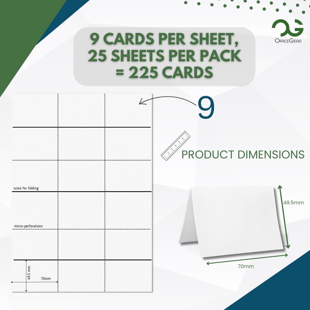 XS Tent Cards (225 Cards) - Printable Perforated Folding Name Cards for Conference, Exhibition & Wedding Place Settings - 9 Cards per A4 Sheet, 25 Sheets with Free Template - Perfect for Events, Banquets and Table Decorations
