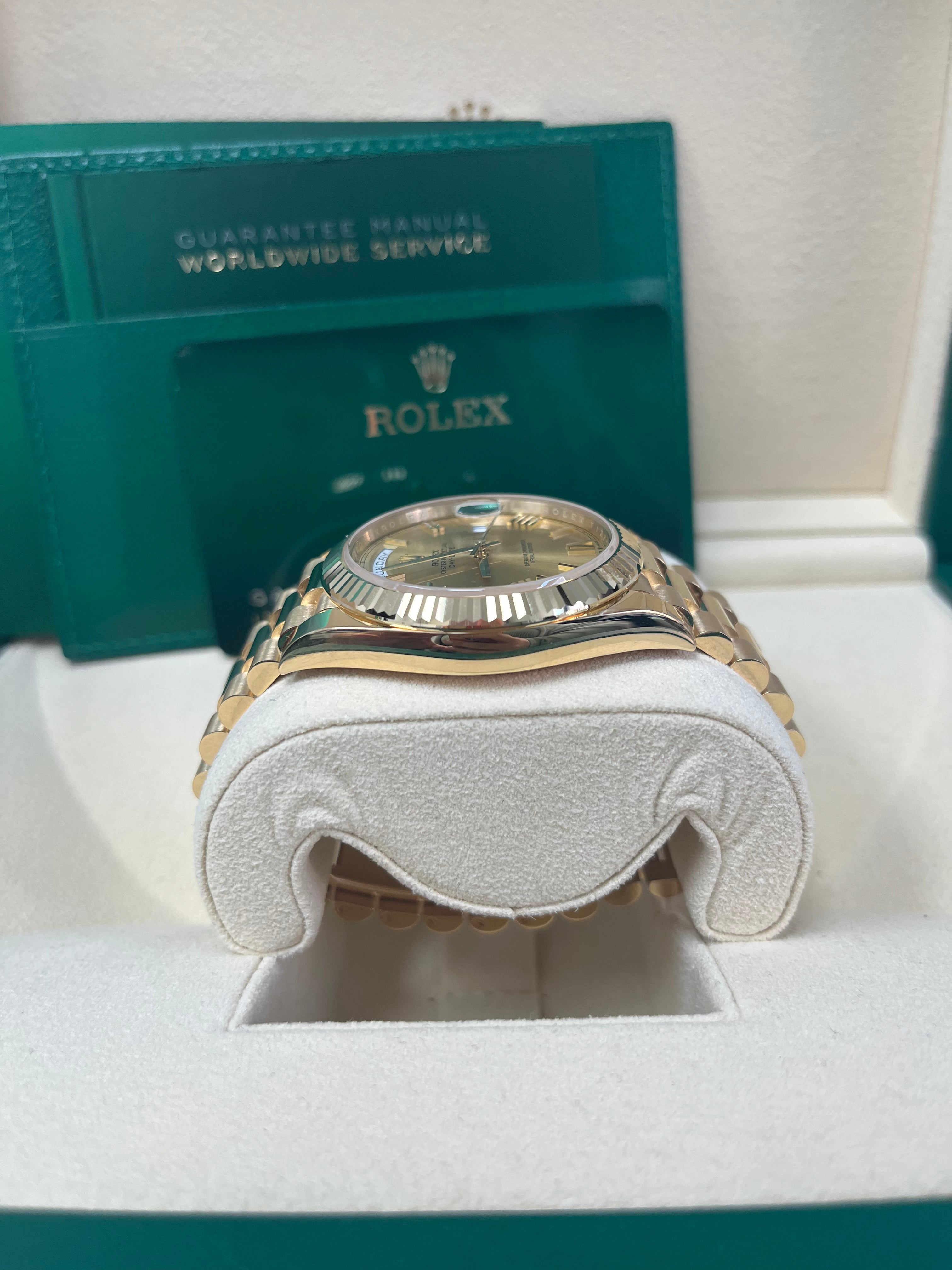 Rolex Day Date 40mm 18K Yellow Gold Men's Watch with Champagne Roman Dial & Fluted Bezel (Ref #228238) - Luxury Dress Watch for Business & Formal Occasions