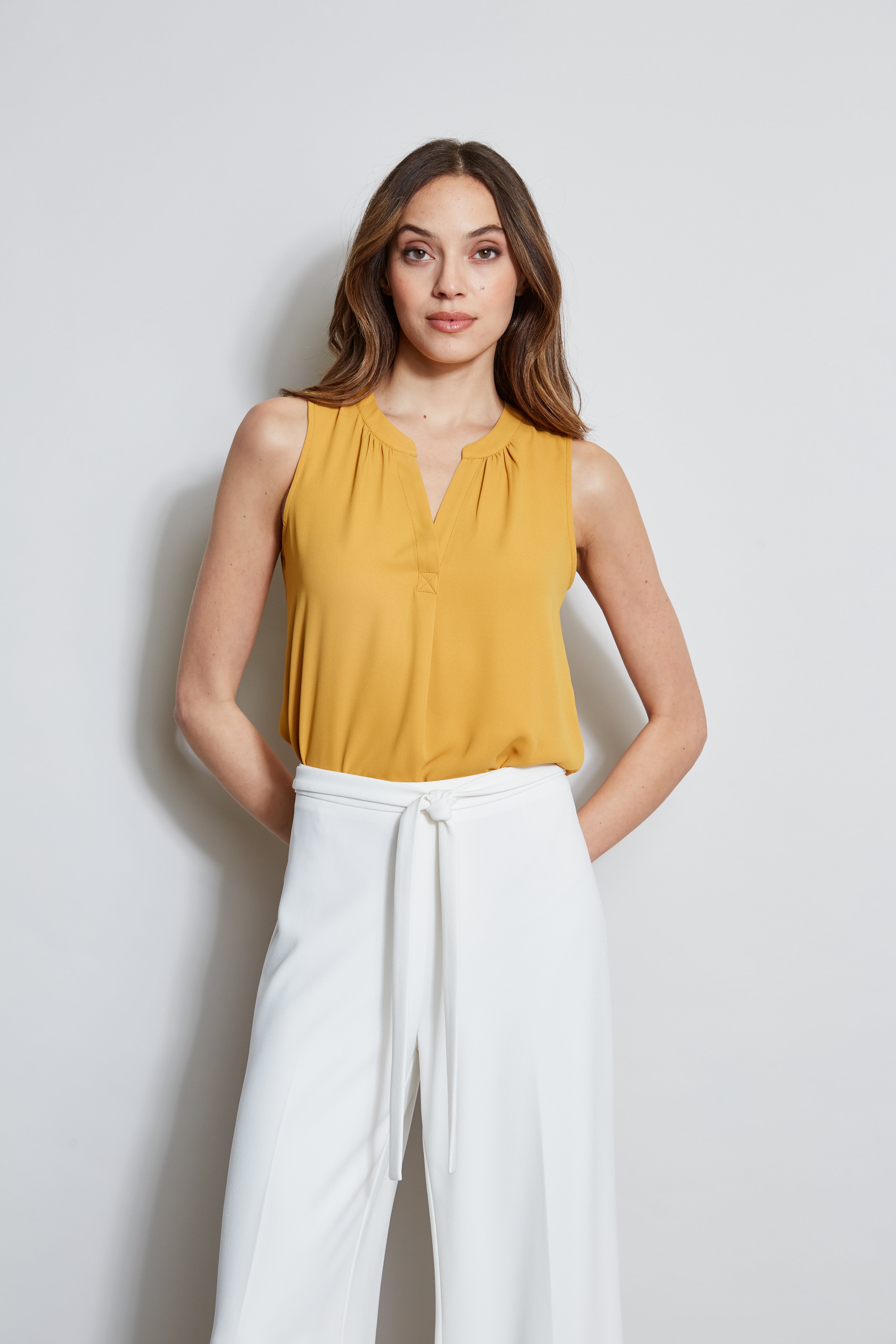 Tahari Women's Sleeveless Split Neck Blouse - Elegant V-Neck Summer Top for Work, Office & Casual Wear
