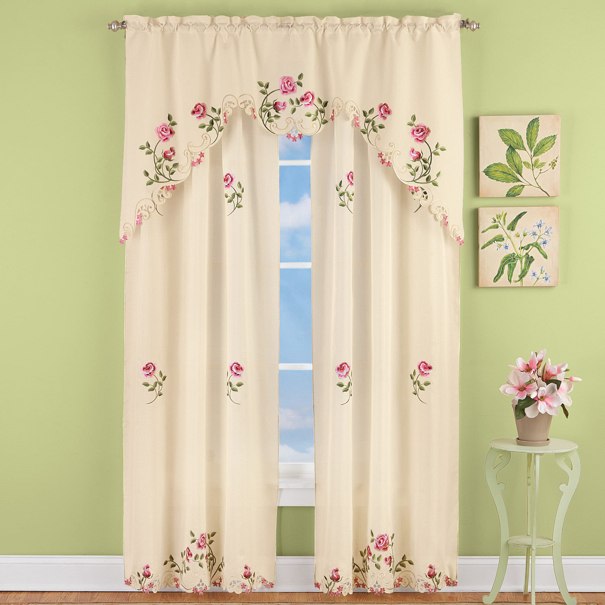 Elegant Pink Rose Floral Embroidered Curtains & Drapes Set with Valance - Ivory & Rose Home Decor for Living Room, Bedroom, Dining Room