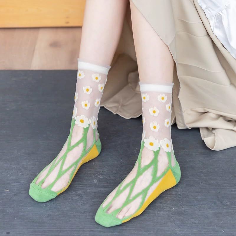 Women's Sheer Socks - 5 Pairs Summer Transparent Thin Mesh Lace Jacquard Crystal Glass Socks for Casual, Office & Party Wear - Breathable & Elegant Footwear