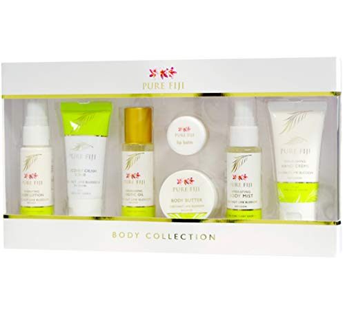 Pure Fiji Coconut Lime Blossom Bath & Body Gift Set - 7pc Travel Size with Body Mist, Body Oil, Lip Balm, Body Butter, Lotion & Hand Cream - Coconut Crush Scent - Perfect for Spa Days, Travel & Luxury Gifts